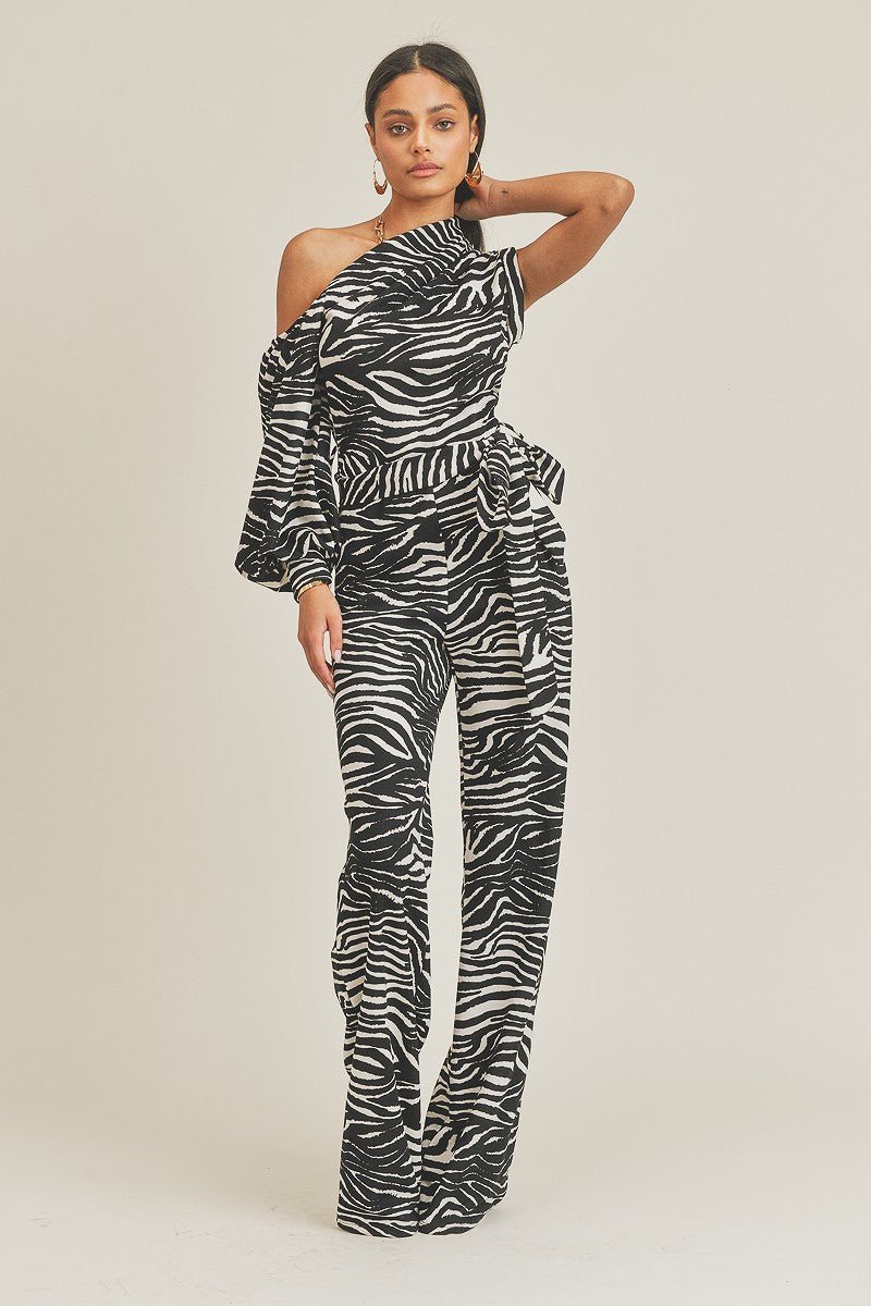 One Shoulder Zebra Print Jumpsuit - Flip Flop Dynasty