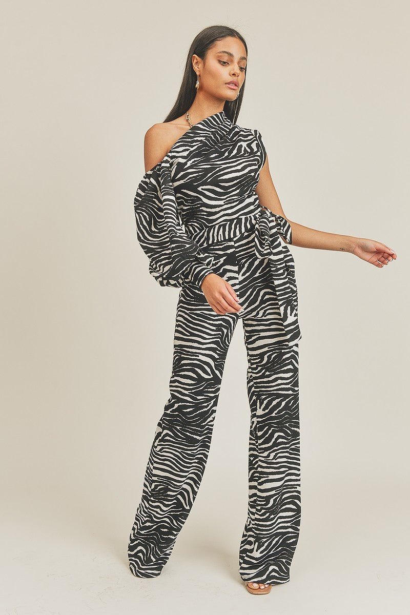 One Shoulder Zebra Print Jumpsuit - Flip Flop Dynasty