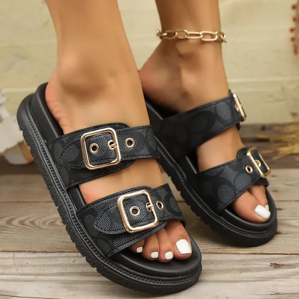 Open Toe Double Buckle Sandals - Flip Flop Dynasty