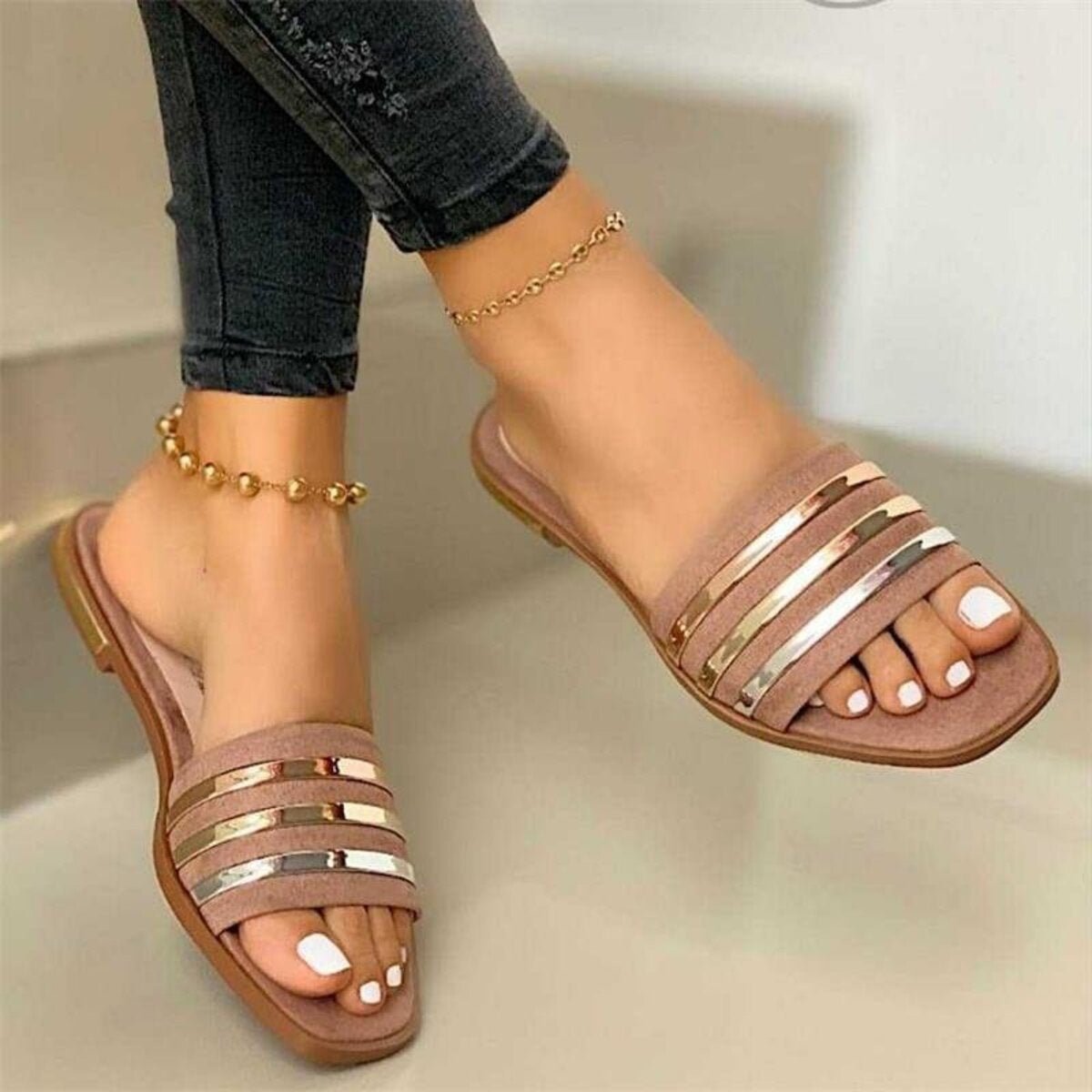 Open Toe Striped Flat Sandals - Flip Flop Dynasty