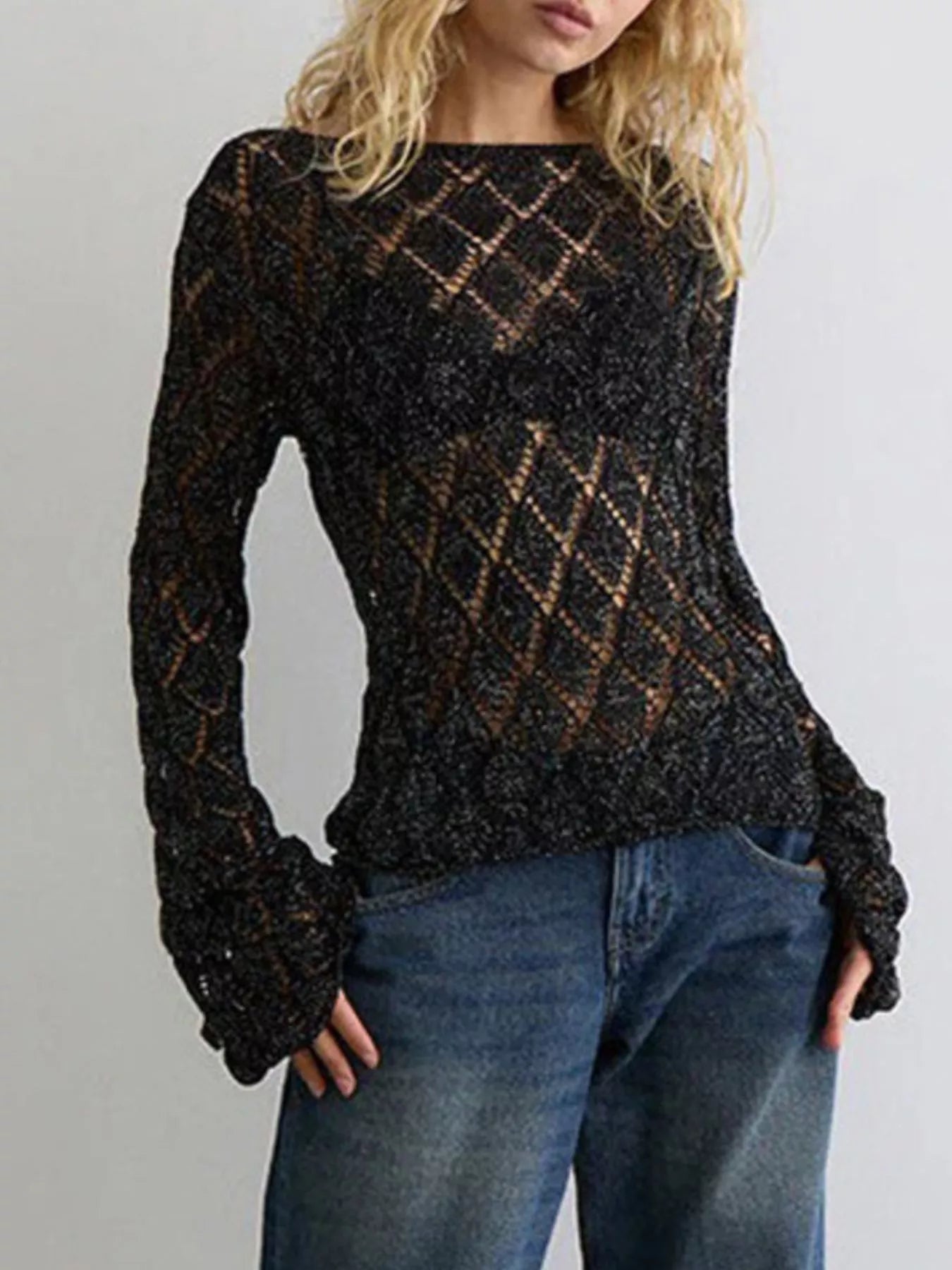 Openwork Long Sleeve Sweater - Flip Flop Dynasty