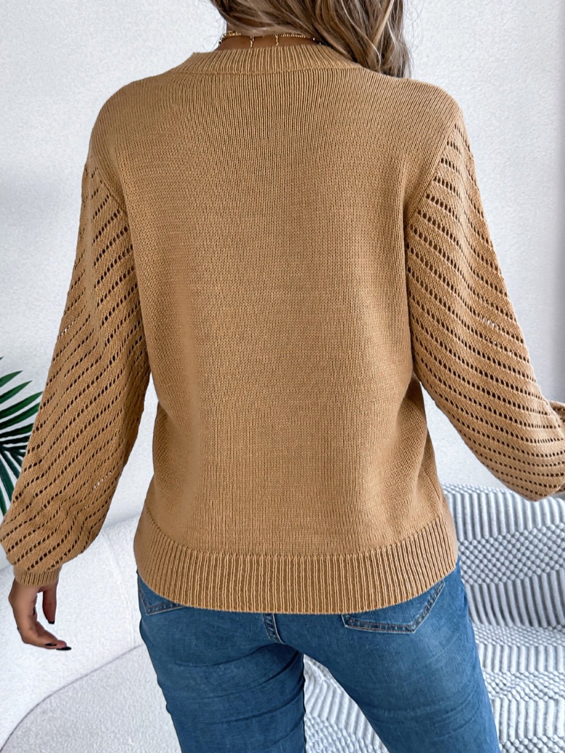 Openwork Round Neck Long Sleeve Knit Top - Flip Flop Dynasty