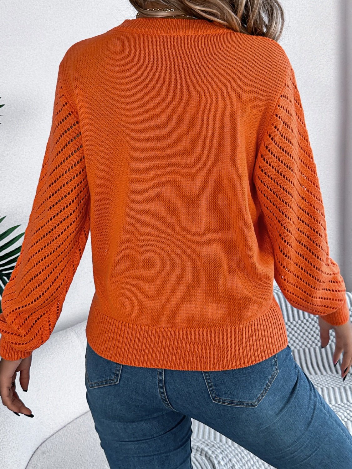 Openwork Round Neck Long Sleeve Knit Top - Flip Flop Dynasty