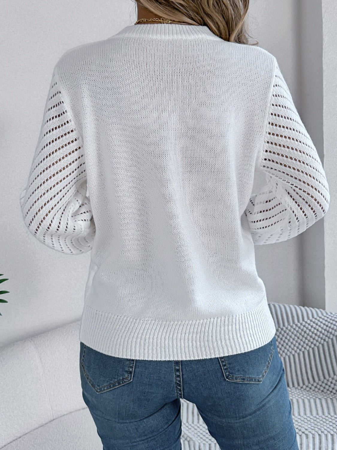 Openwork Round Neck Long Sleeve Knit Top - Flip Flop Dynasty