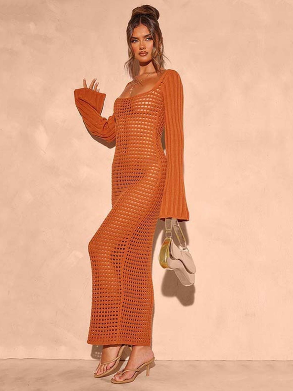 Openwork Square Neck Flare Sleeve Cover - Up Dress - Flip Flop Dynasty