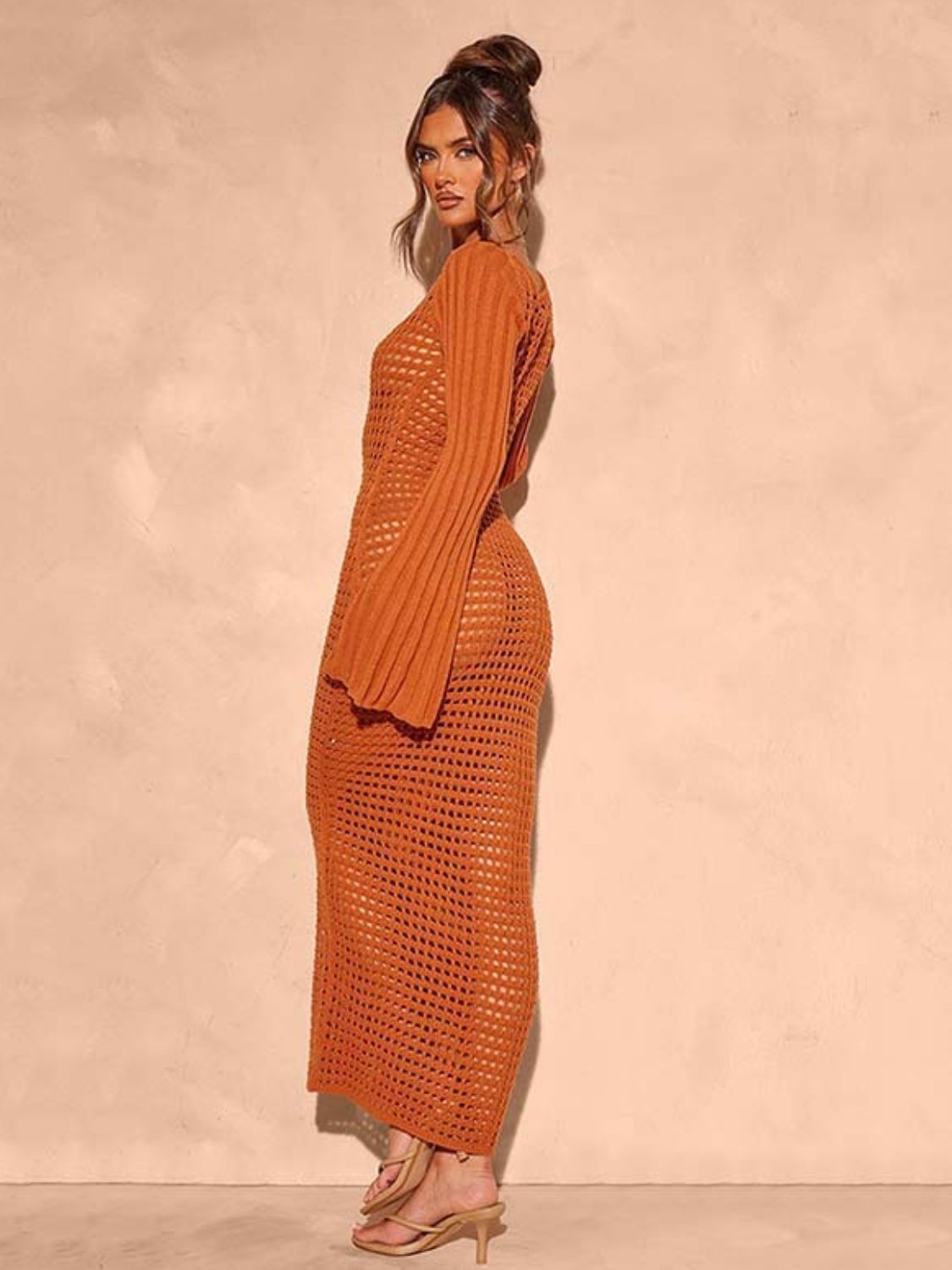Openwork Square Neck Flare Sleeve Cover - Up Dress - Flip Flop Dynasty