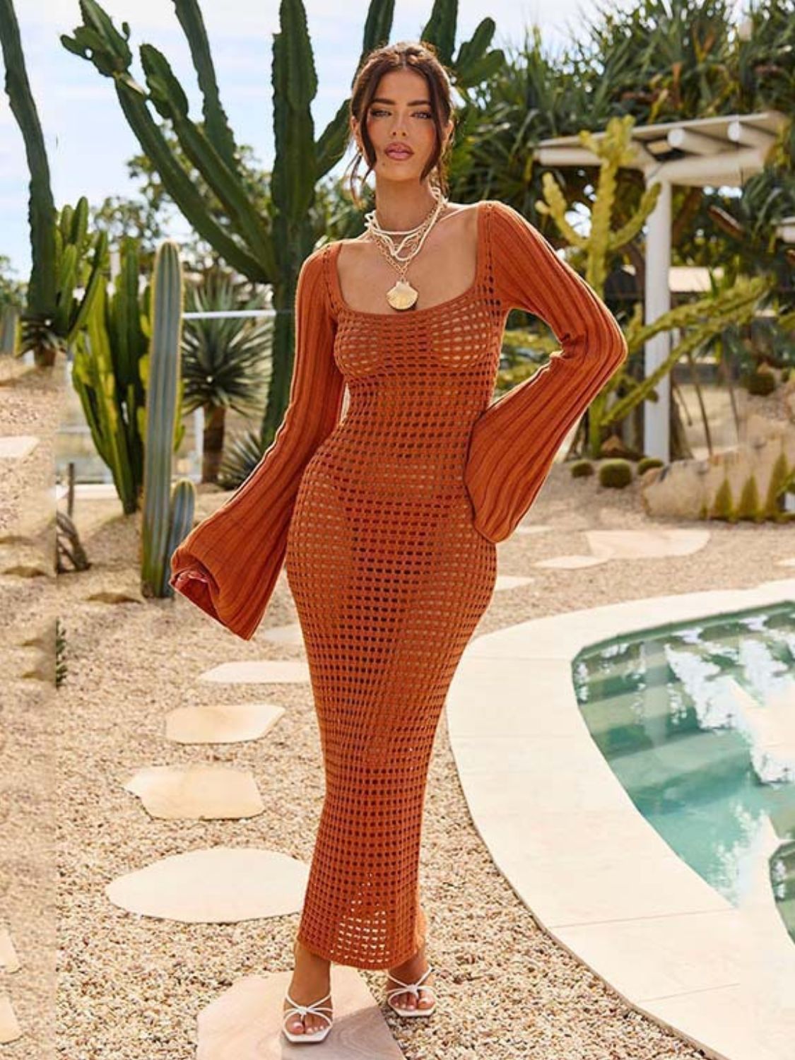 Openwork Square Neck Flare Sleeve Cover - Up Dress - Flip Flop Dynasty