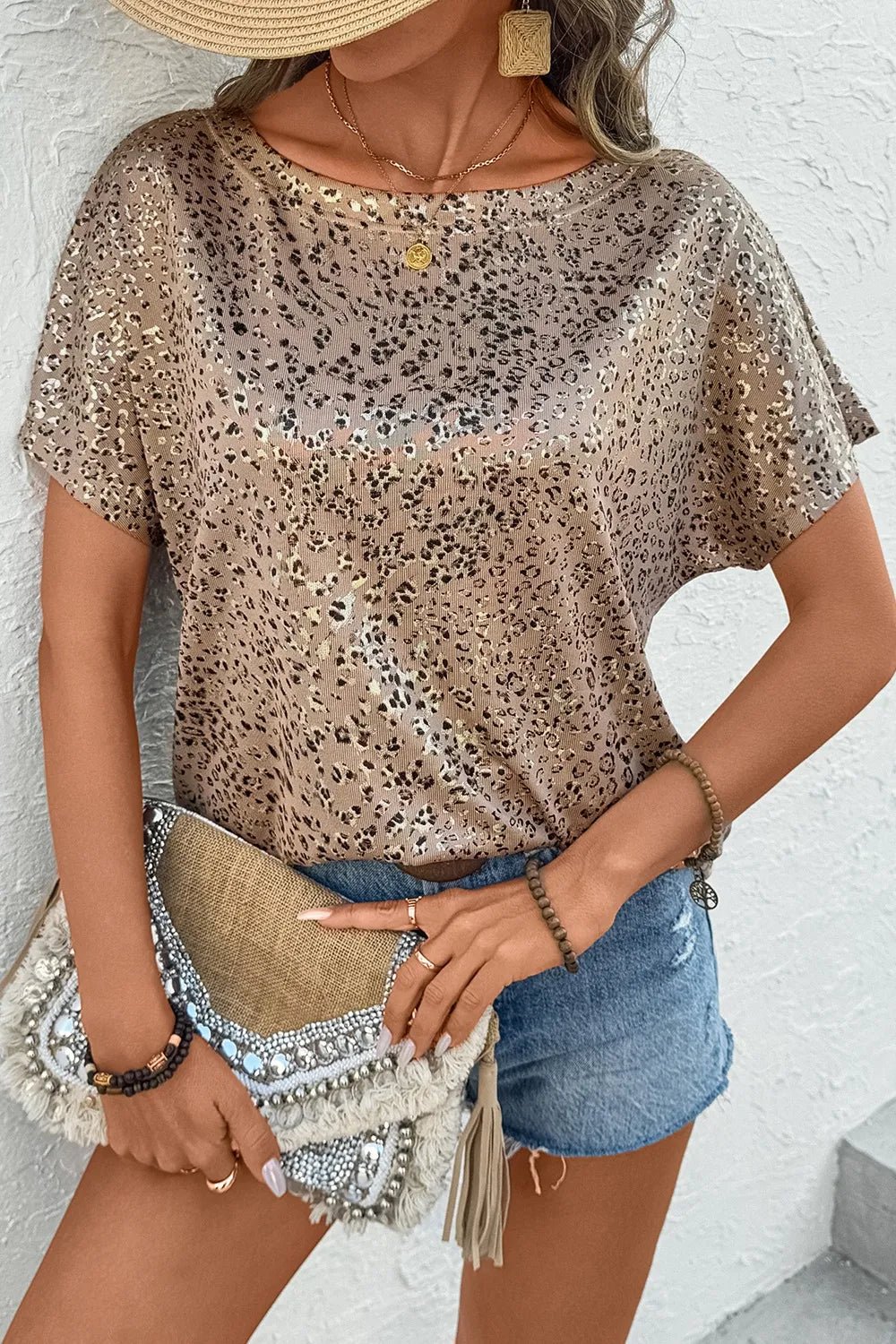 Parchment Shimmer Leopard Print Dolman Sleeve T Shirt - Flip Flop Dynasty