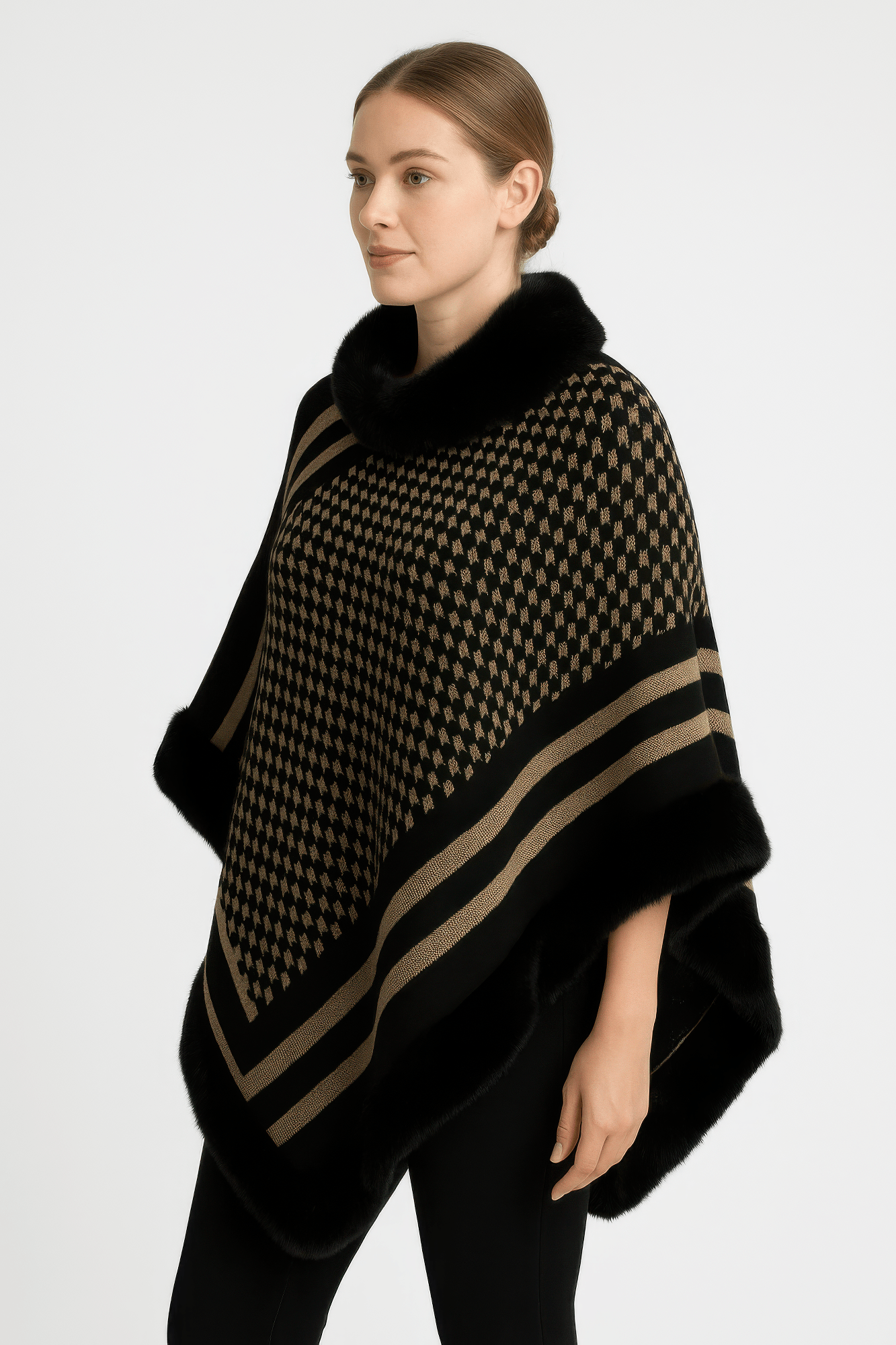 Patterned Knit Poncho With Faux Fur Trim - Flip Flop Dynasty