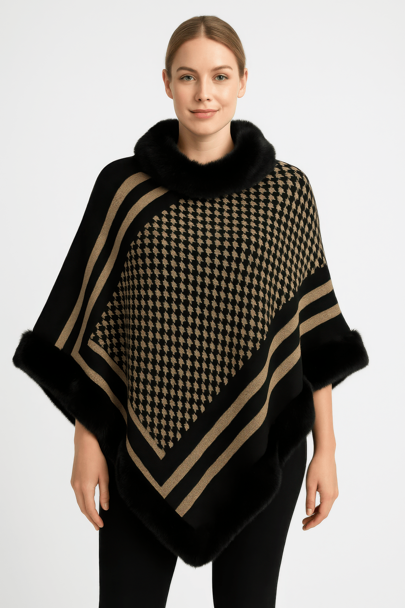 Patterned Knit Poncho With Faux Fur Trim - Flip Flop Dynasty