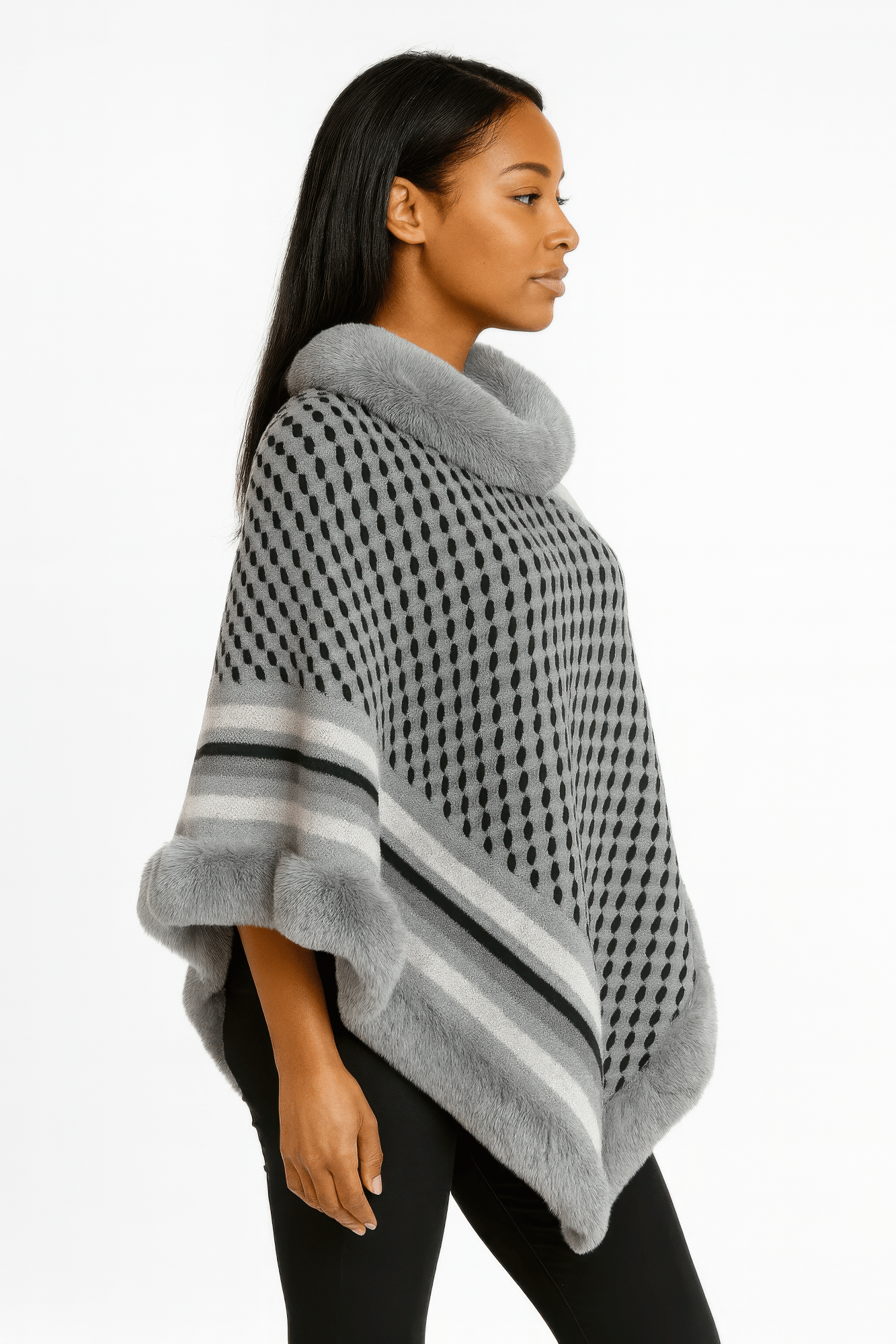 Patterned Knit Poncho With Faux Fur Trim - Flip Flop Dynasty
