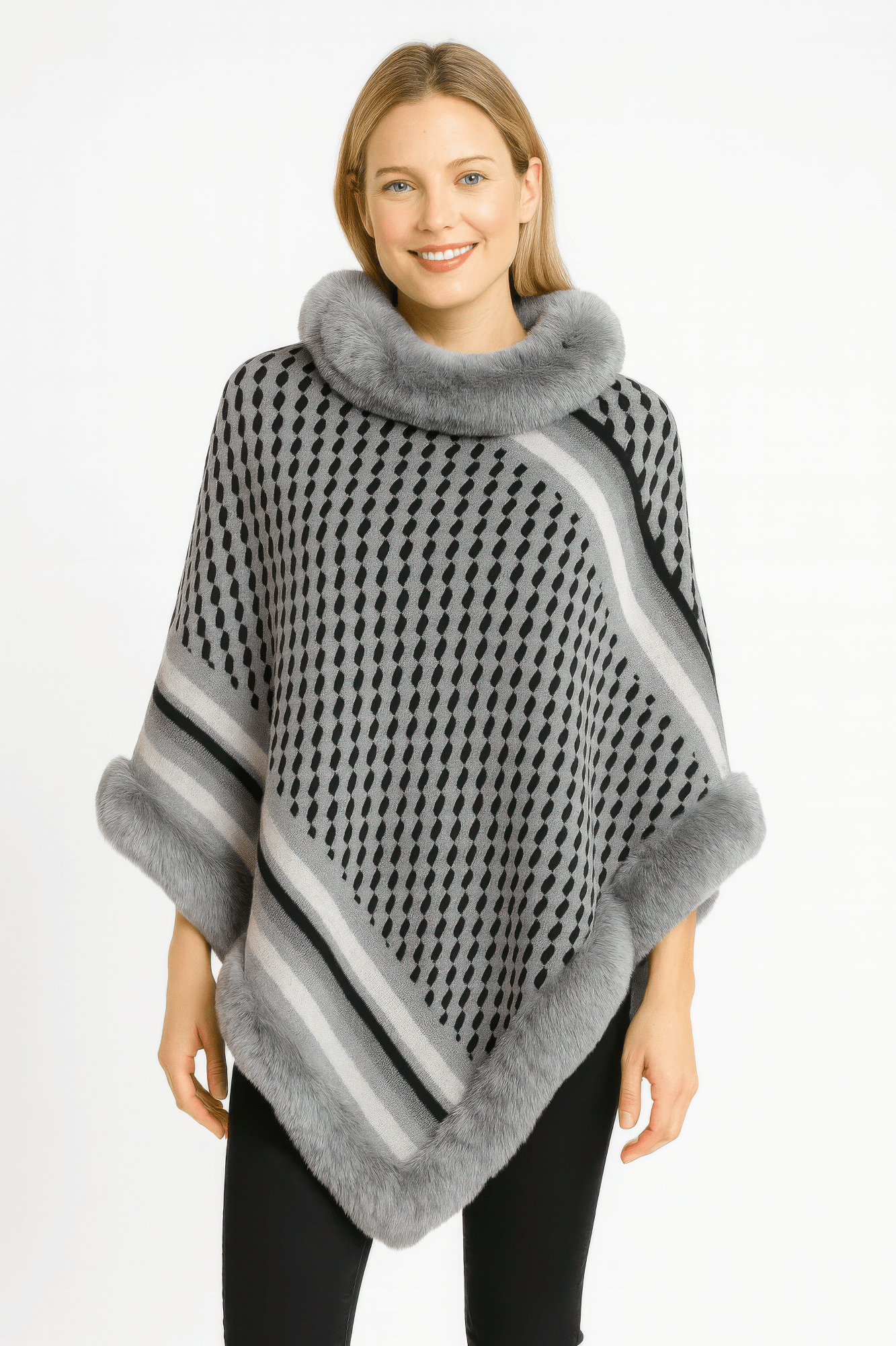 Patterned Knit Poncho With Faux Fur Trim - Flip Flop Dynasty