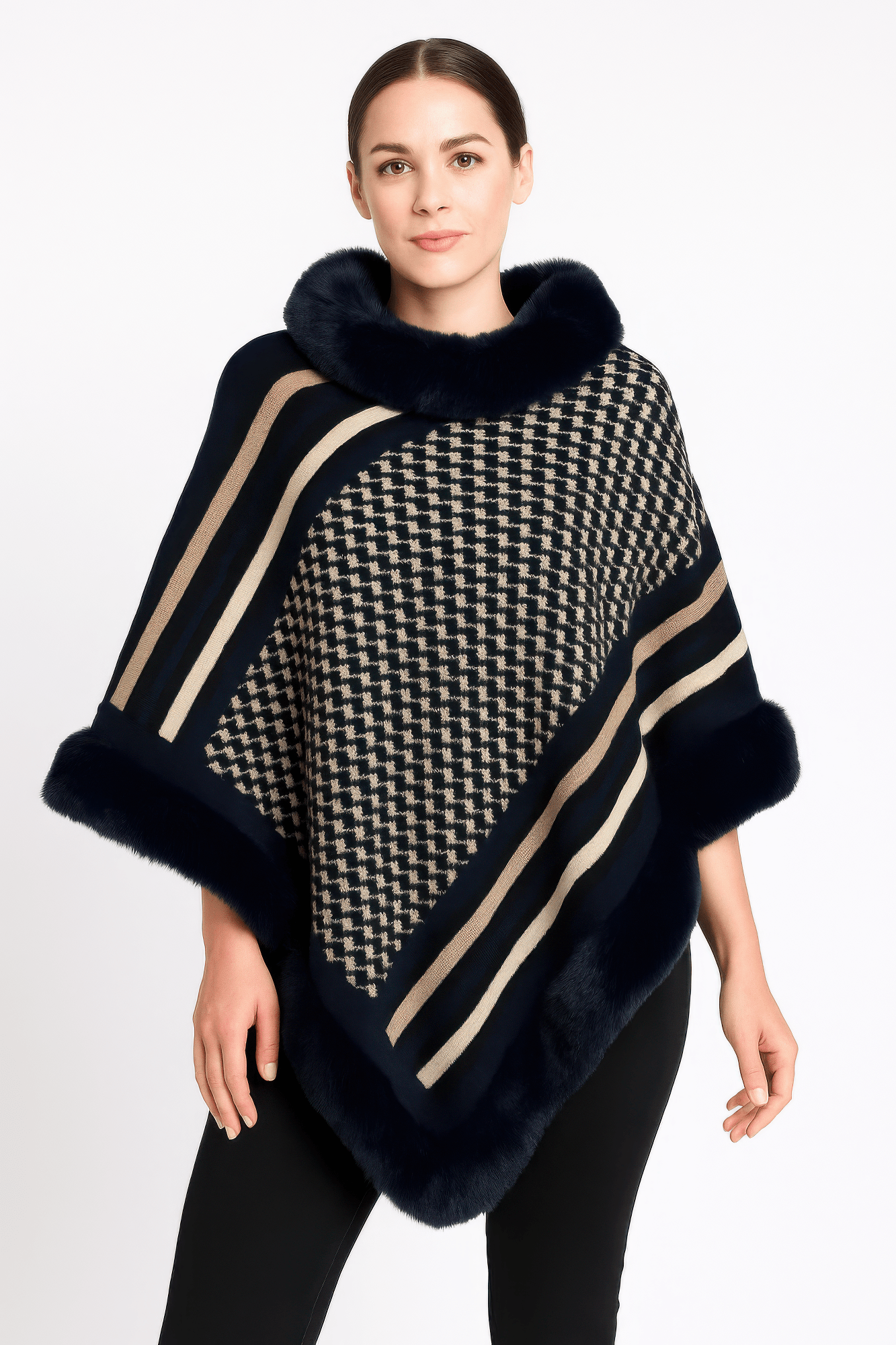 Patterned Knit Poncho With Faux Fur Trim - Flip Flop Dynasty