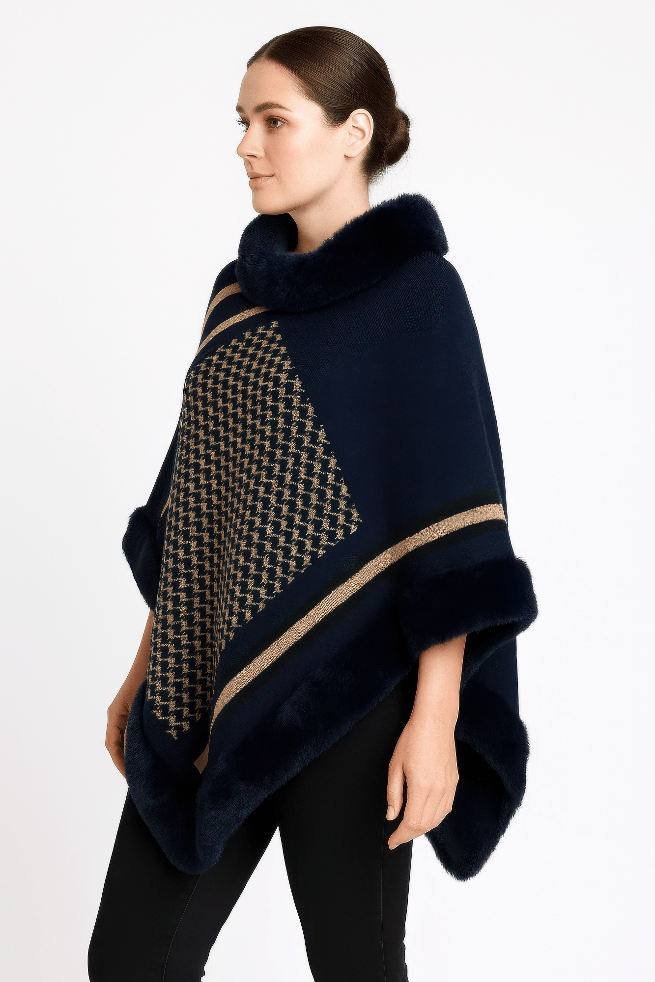 Patterned Knit Poncho With Faux Fur Trim - Flip Flop Dynasty