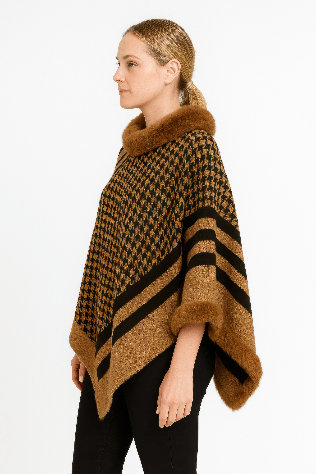Patterned Knit Poncho With Faux Fur Trim - Flip Flop Dynasty