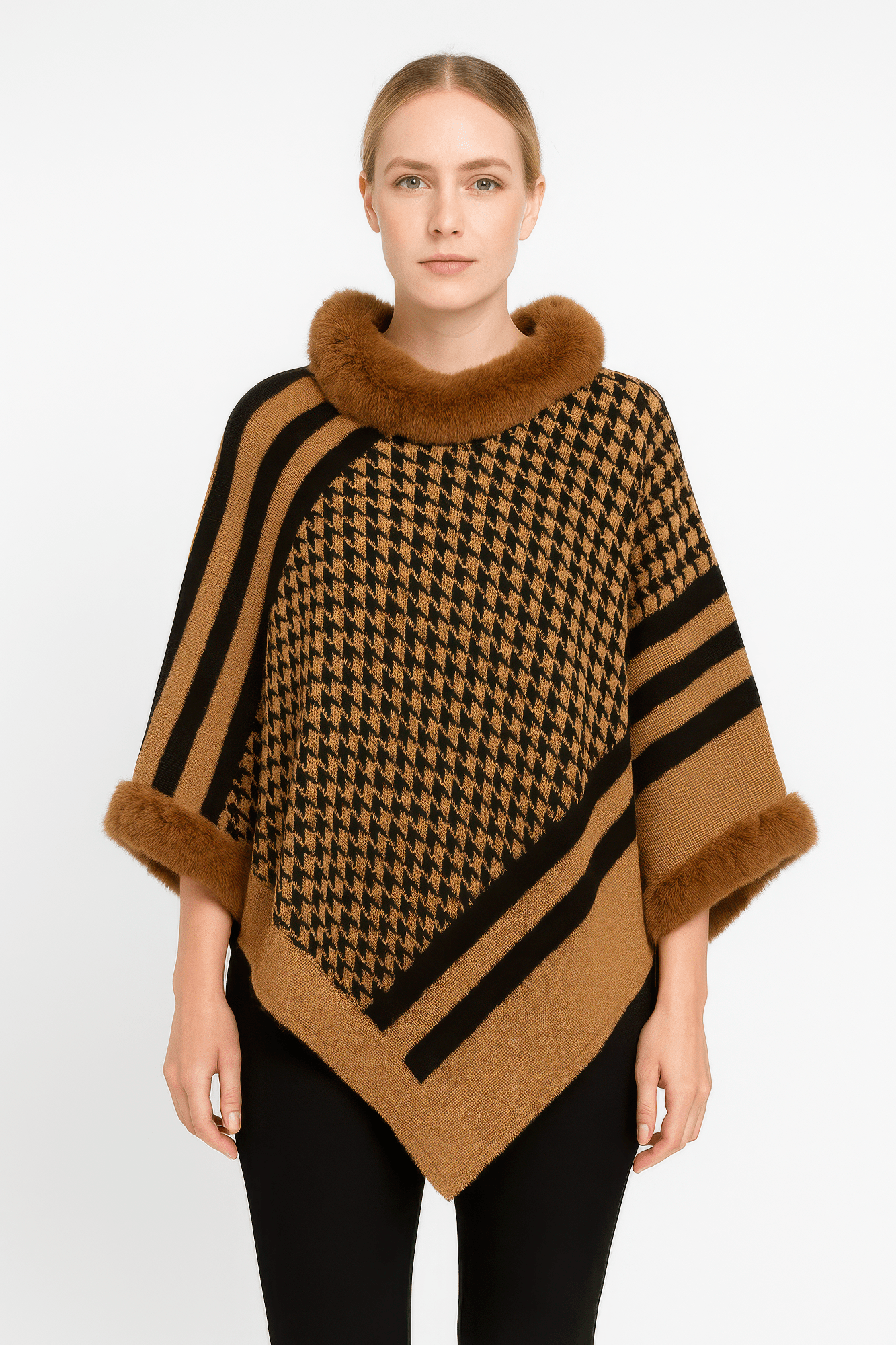 Patterned Knit Poncho With Faux Fur Trim - Flip Flop Dynasty