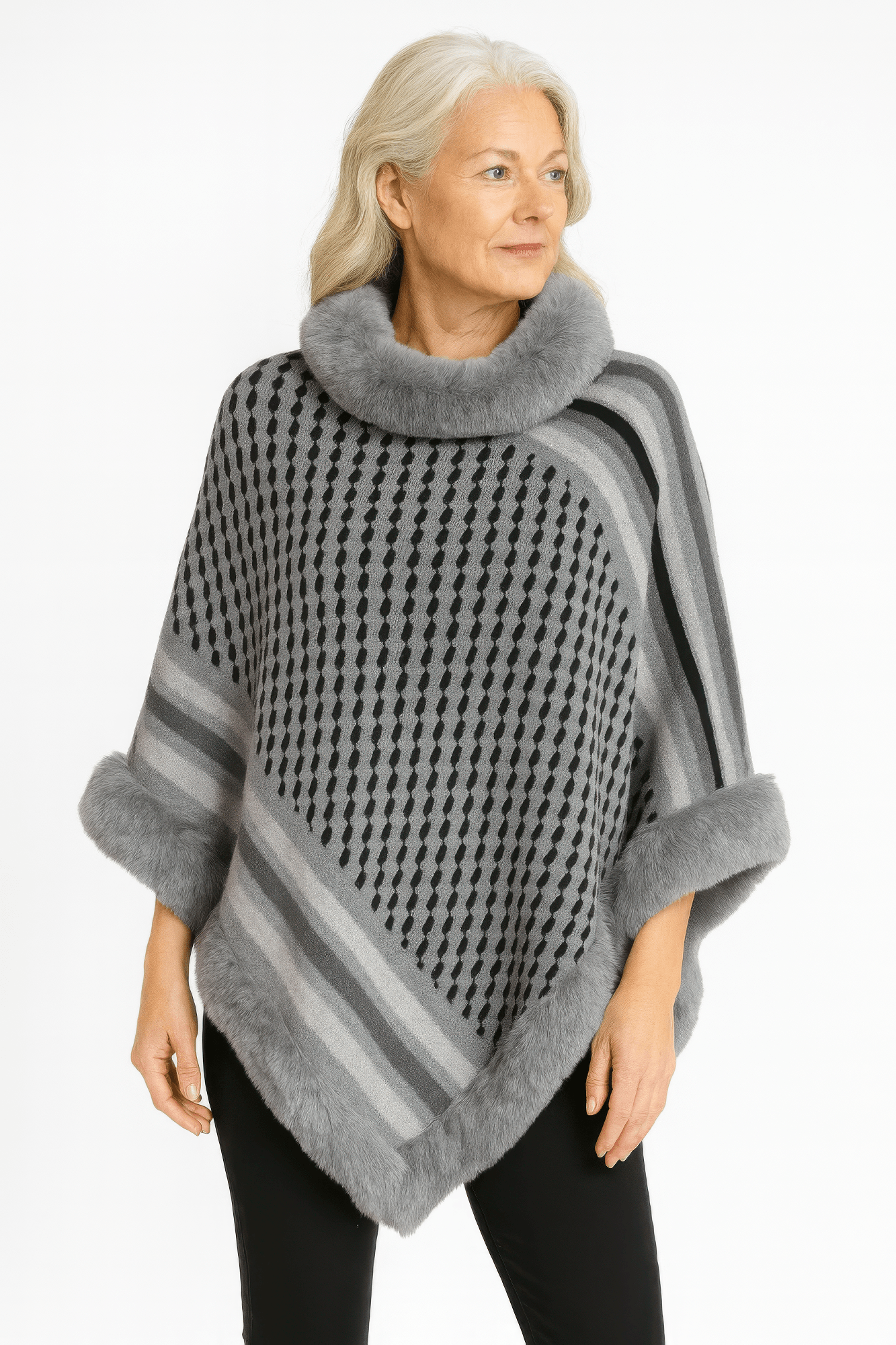 Patterned Knit Poncho With Faux Fur Trim - Flip Flop Dynasty