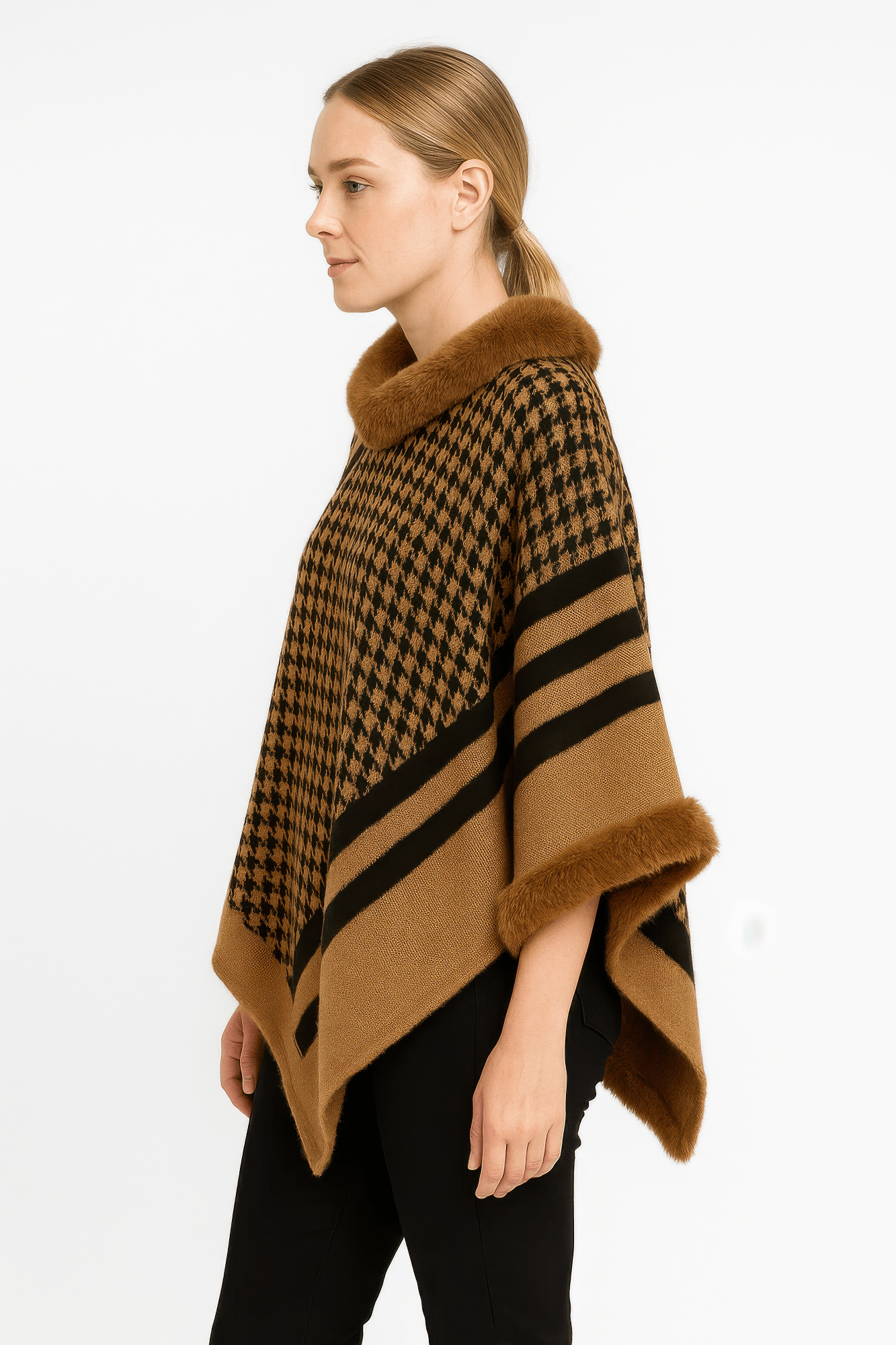 Patterned Knit Poncho With Faux Fur Trim - Flip Flop Dynasty