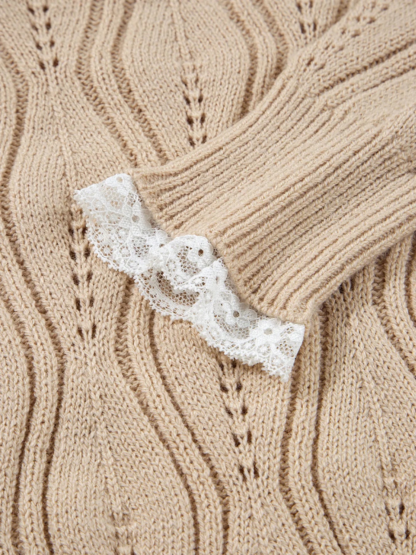 Pearl Beaded Pointelle Knit V Neck Lace Patchwork Sleeve Sweater - Flip Flop Dynasty