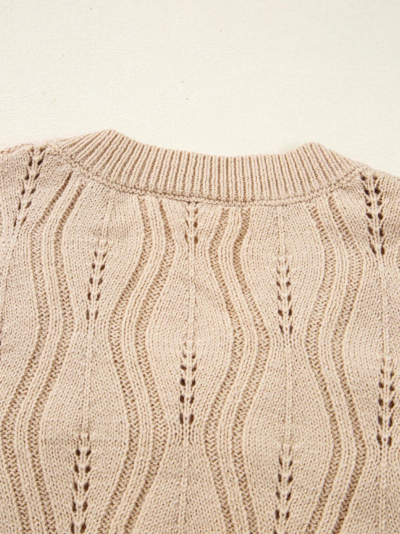Pearl Beaded Pointelle Knit V Neck Lace Patchwork Sleeve Sweater - Flip Flop Dynasty