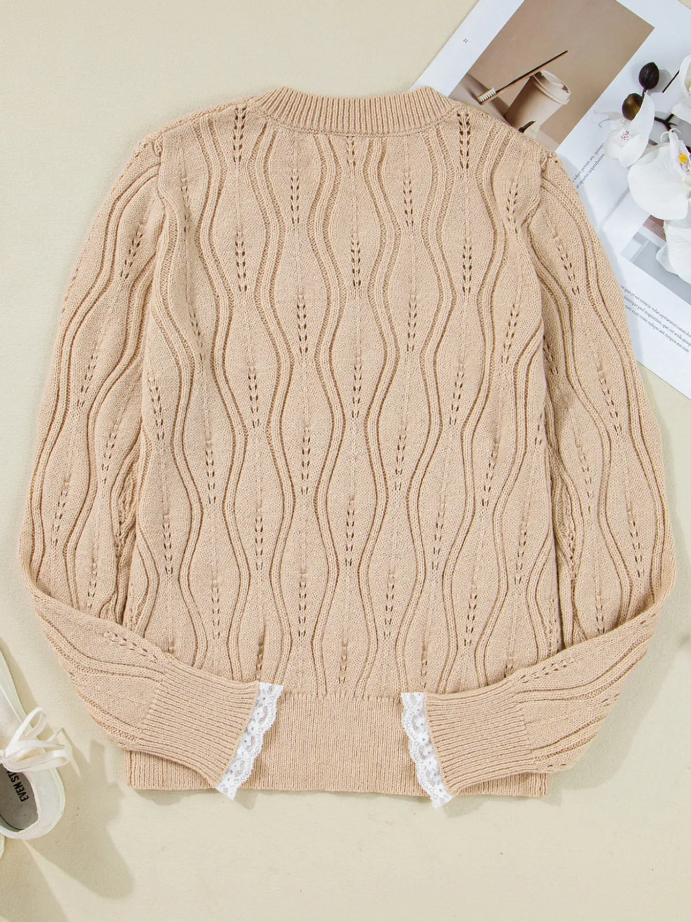 Pearl Beaded Pointelle Knit V Neck Lace Patchwork Sleeve Sweater - Flip Flop Dynasty