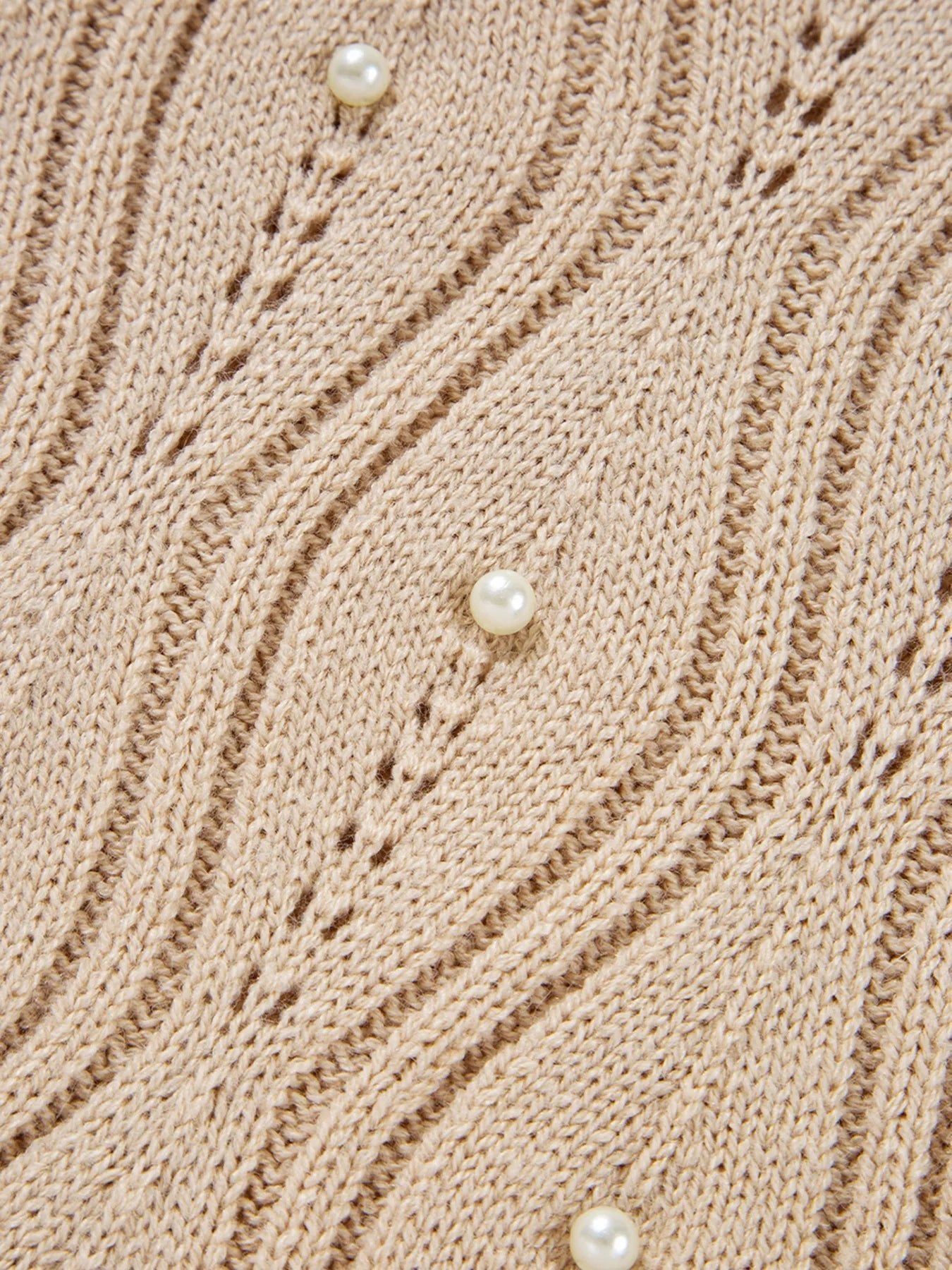 Pearl Beaded Pointelle Knit V Neck Lace Patchwork Sleeve Sweater - Flip Flop Dynasty