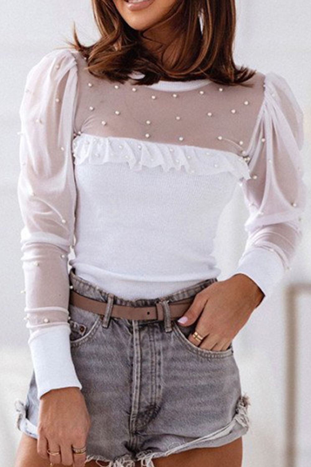 Pearl Decor Mesh Patchwork Ribbed Long Sleeve Top - Flip Flop Dynasty