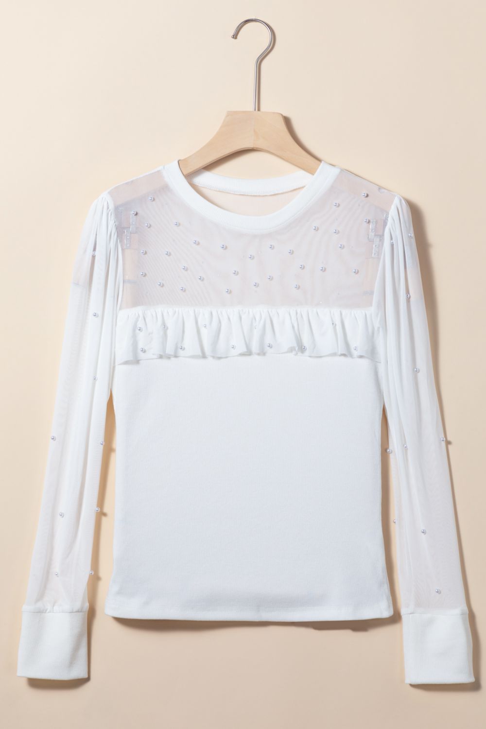Pearl Decor Mesh Patchwork Ribbed Long Sleeve Top - Flip Flop Dynasty