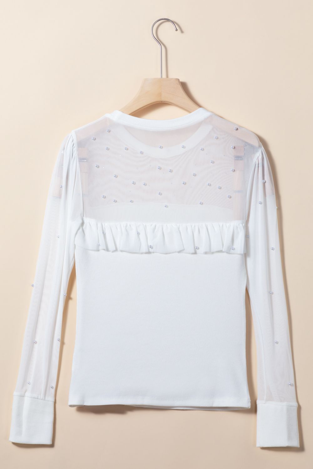 Pearl Decor Mesh Patchwork Ribbed Long Sleeve Top - Flip Flop Dynasty