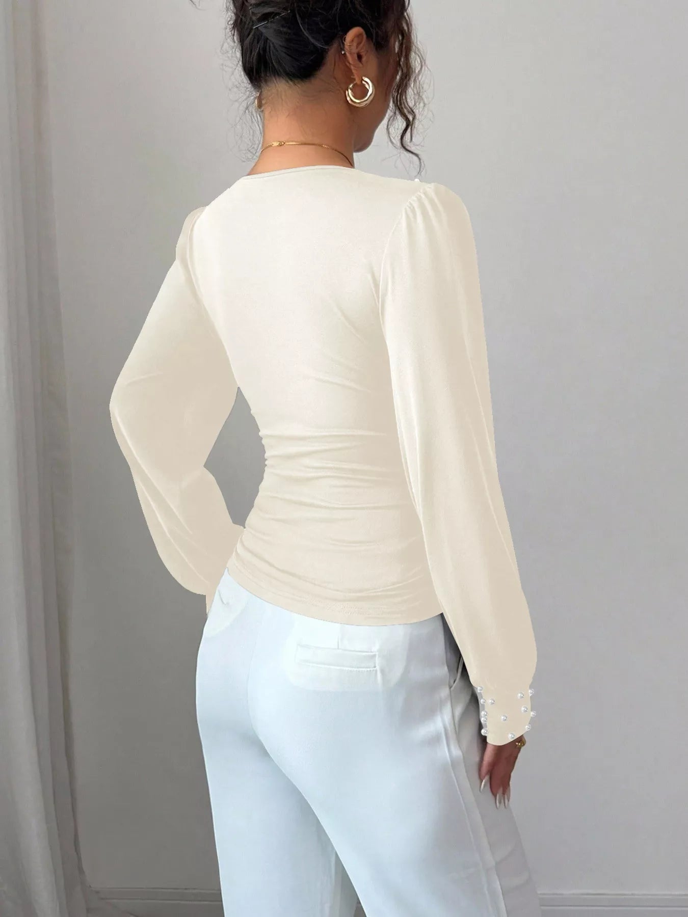 Pearl Embellished V - Neck Blouse - Flip Flop Dynasty