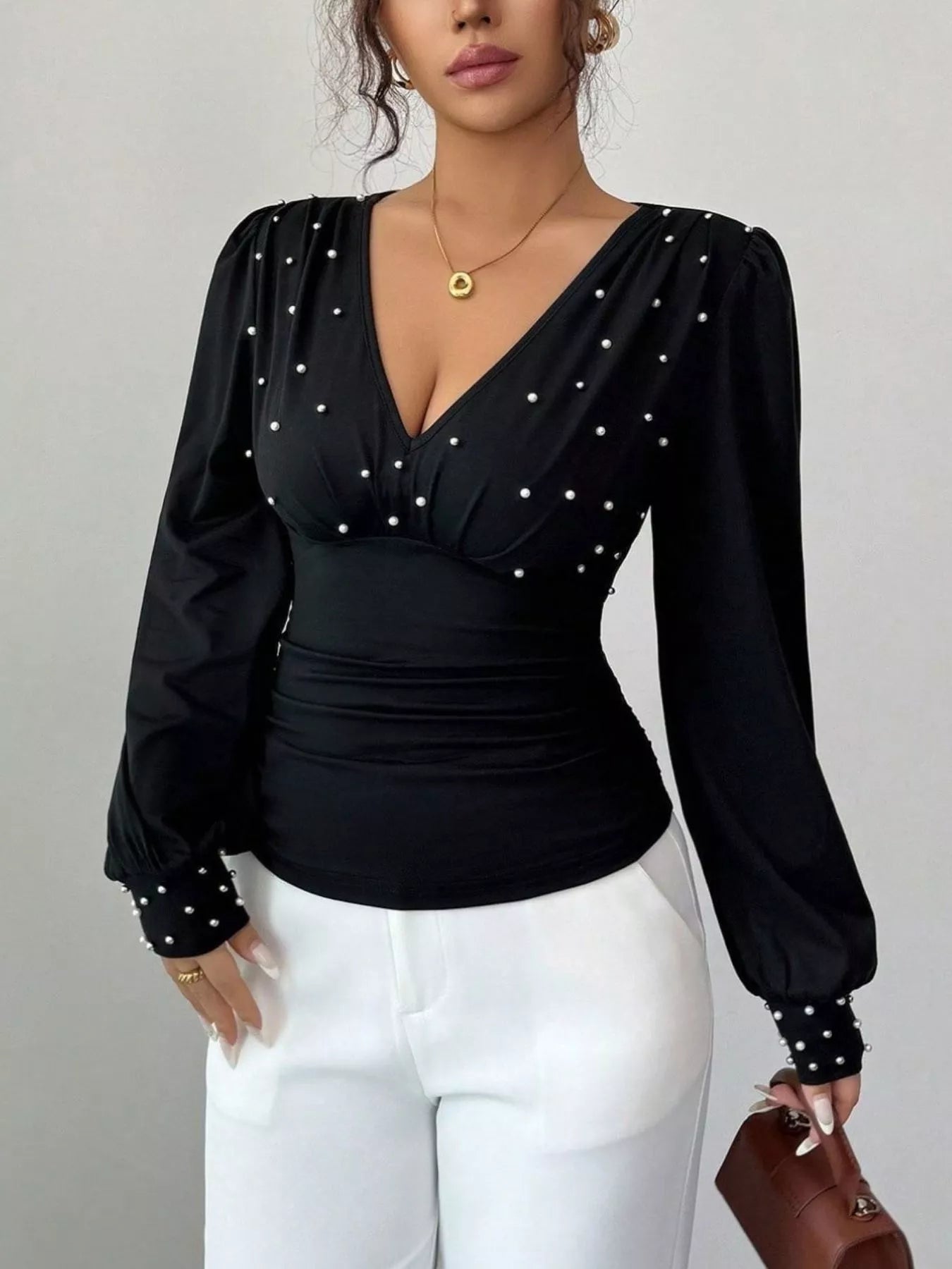 Pearl Embellished V - Neck Blouse - Flip Flop Dynasty