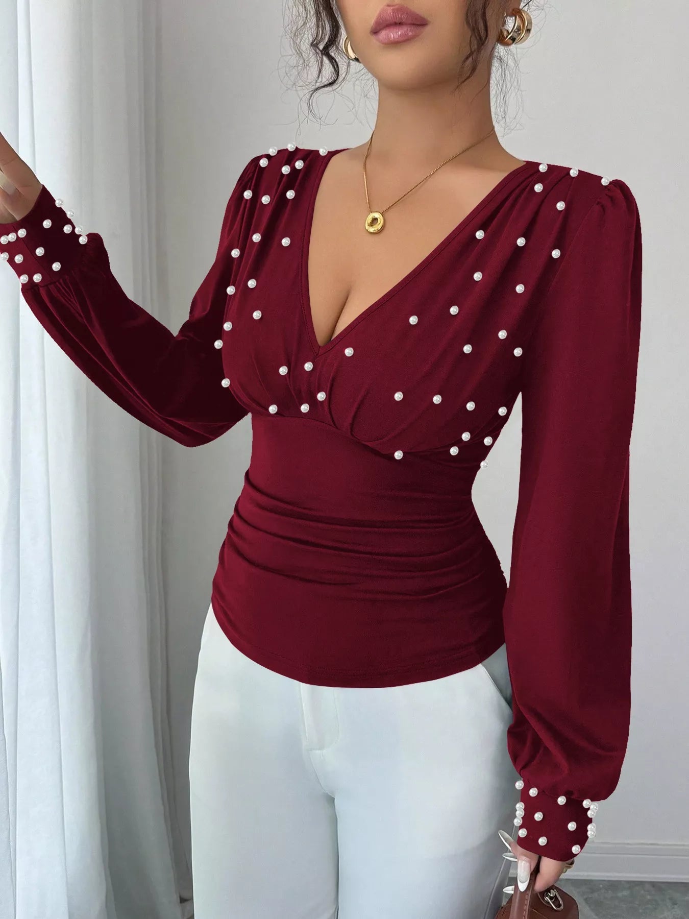 Pearl Embellished V - Neck Blouse - Flip Flop Dynasty