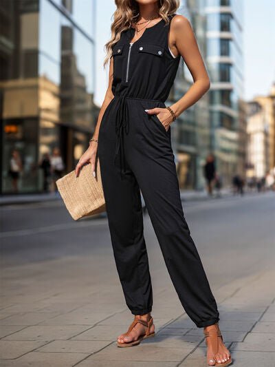 Perfee Half Zip Sleeveless Jumpsuit with Pockets - Flip Flop Dynasty