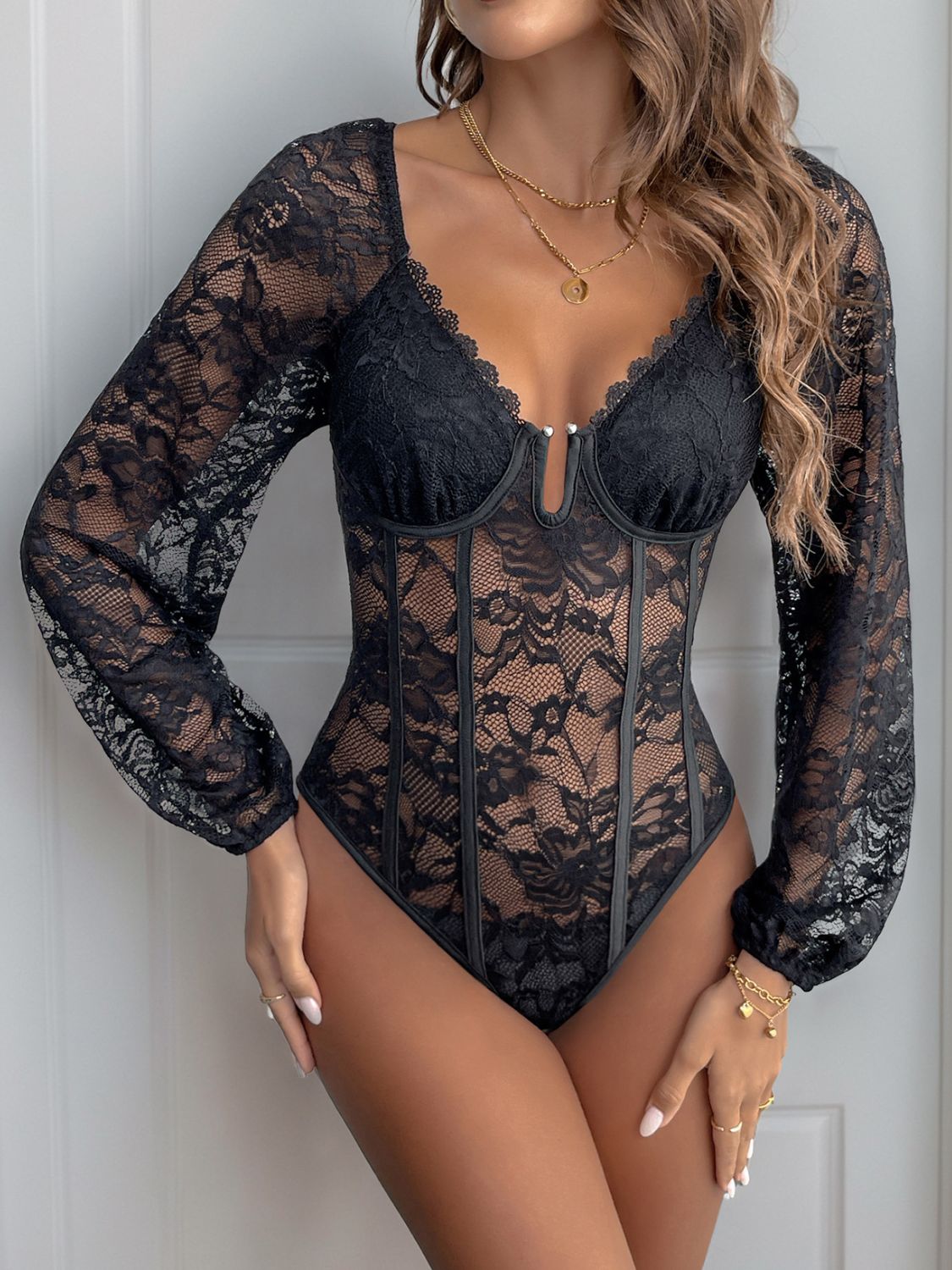 Perfee Lace V - Neck Long Sleeve Bodysuit - Flip Flop Dynasty