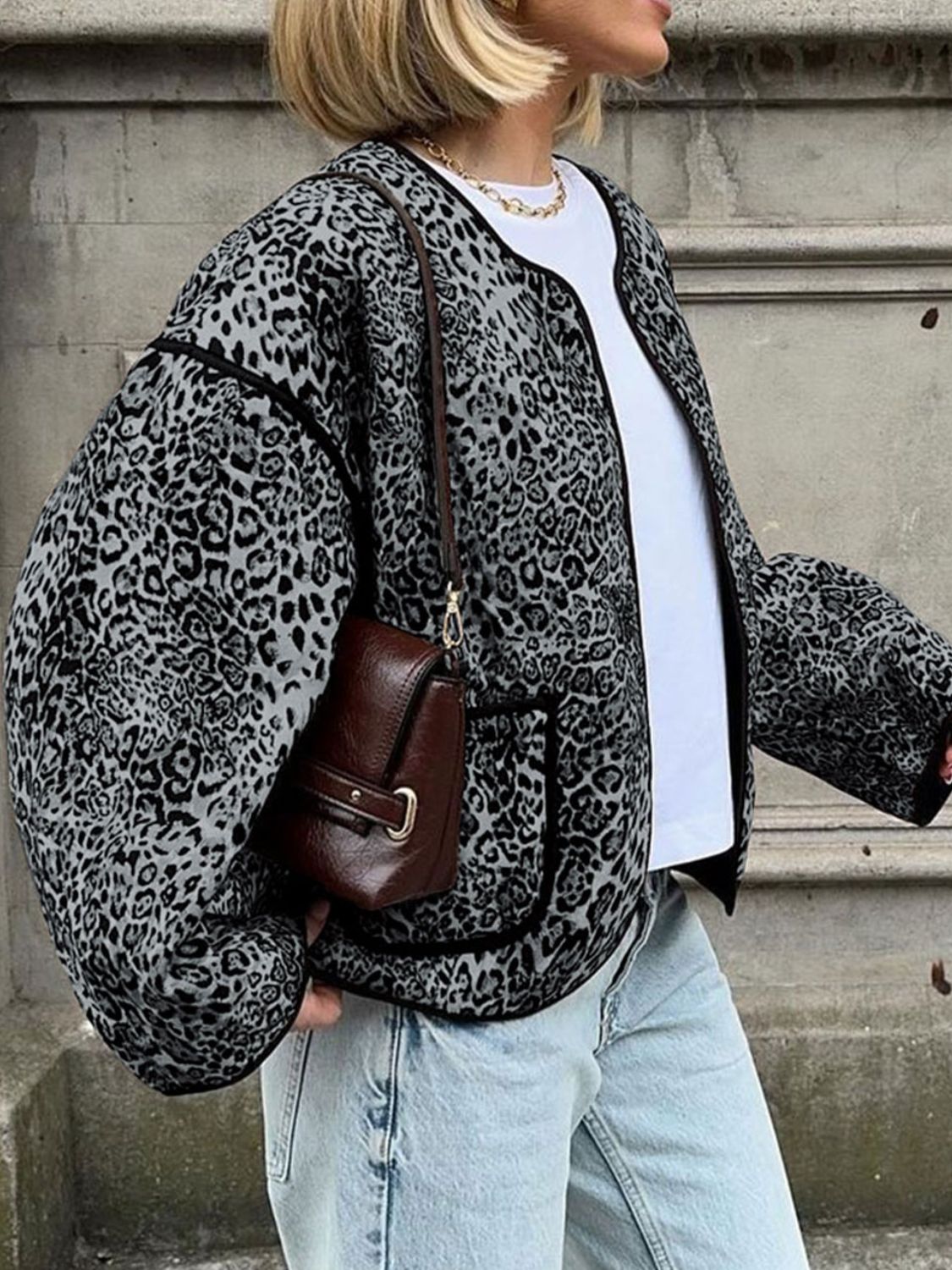 Perfee Leopard Open Front Long Sleeve Jacket - Flip Flop Dynasty
