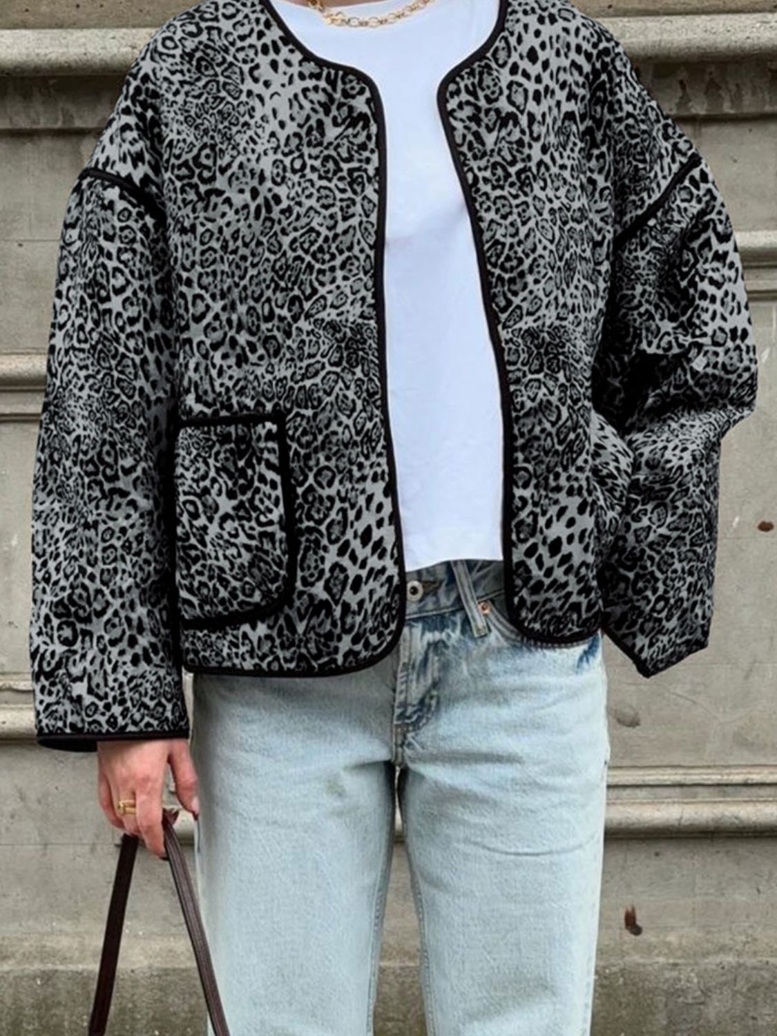 Perfee Leopard Open Front Long Sleeve Jacket - Flip Flop Dynasty