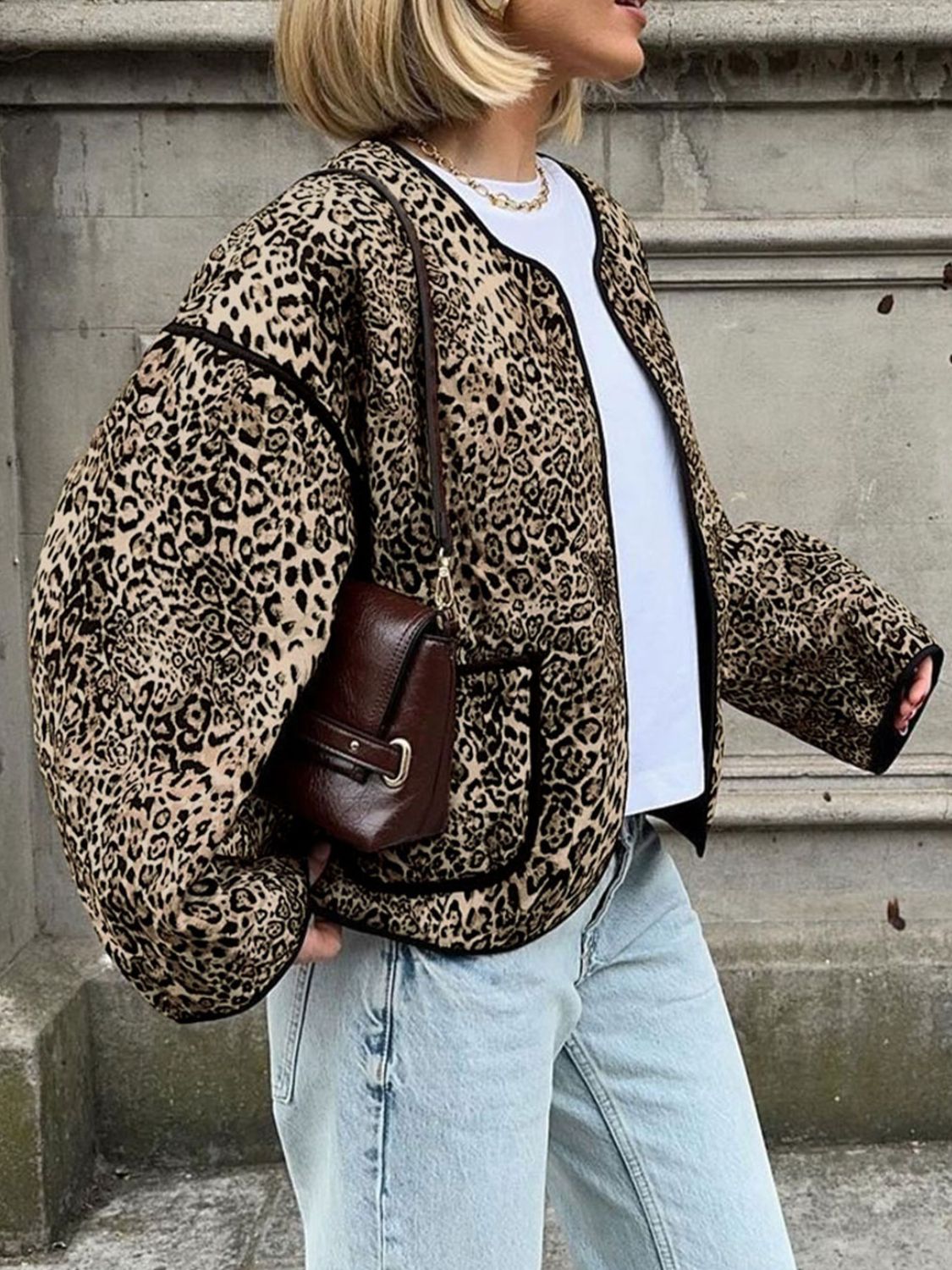 Perfee Leopard Open Front Long Sleeve Jacket - Flip Flop Dynasty