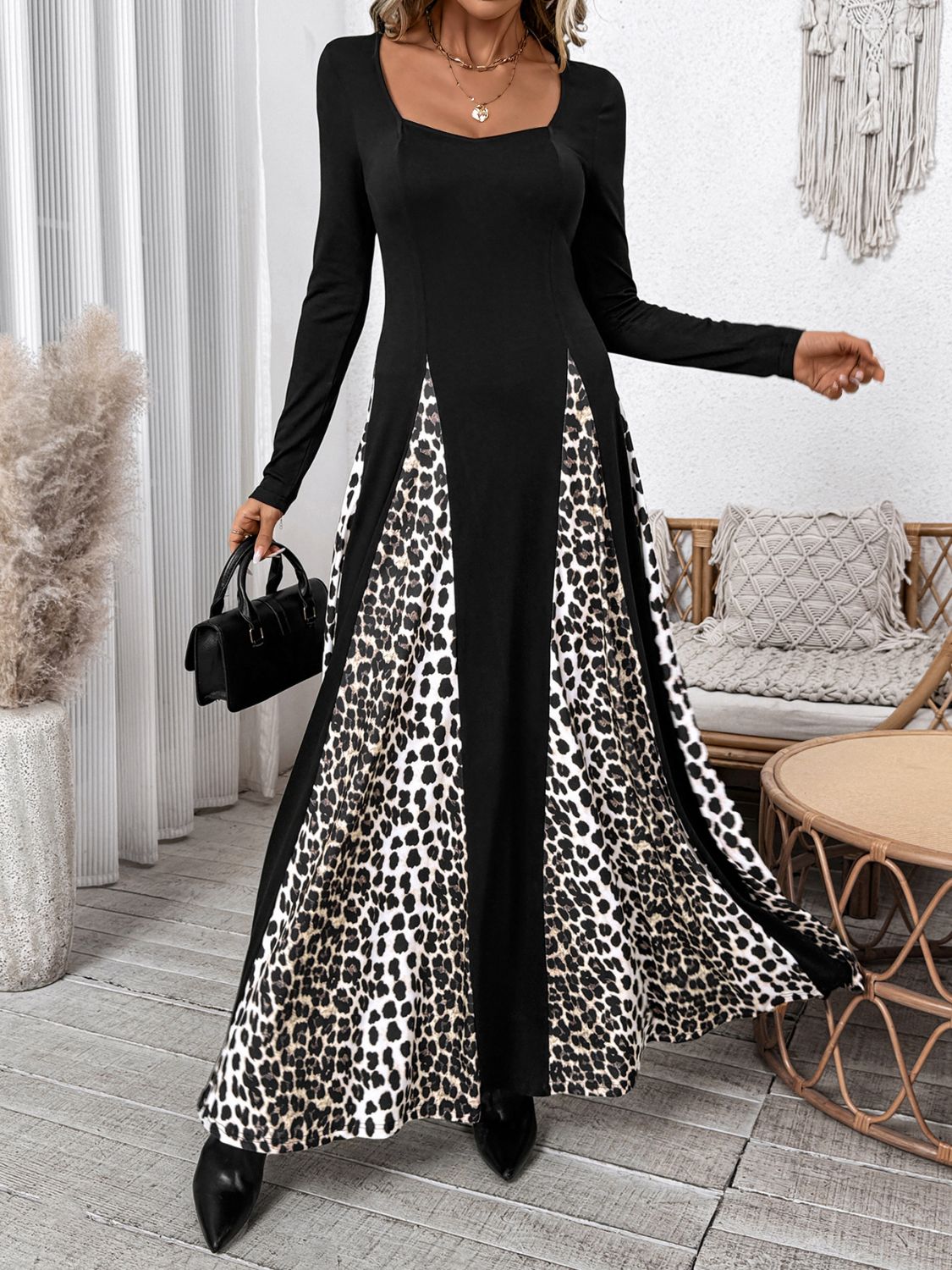 Perfee Leopard Square Neck Long Sleeve Maxi Dress - Flip Flop Dynasty