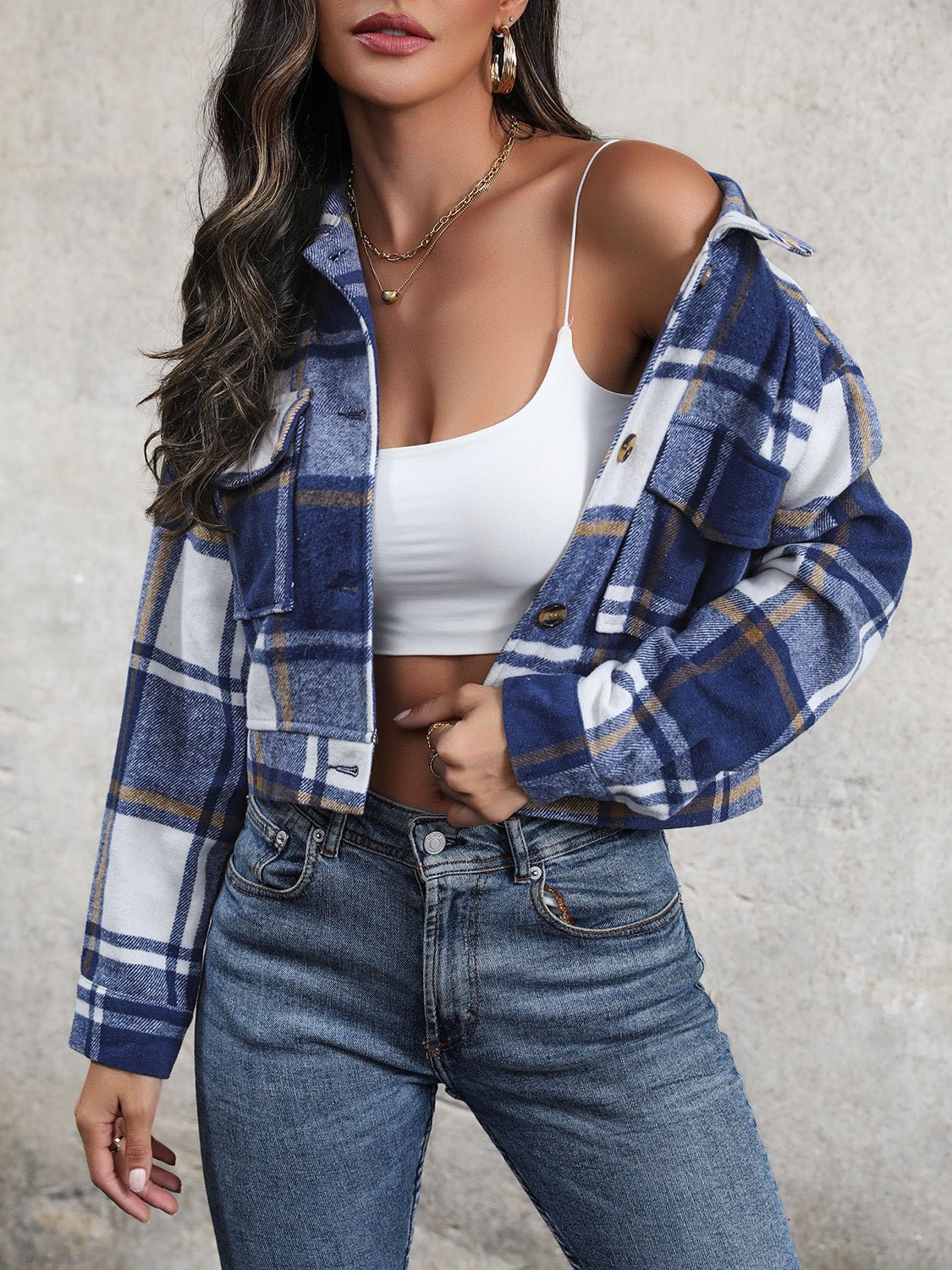 Perfee Plaid Button Up Drop Shoulder Cropped Jacket - Flip Flop Dynasty