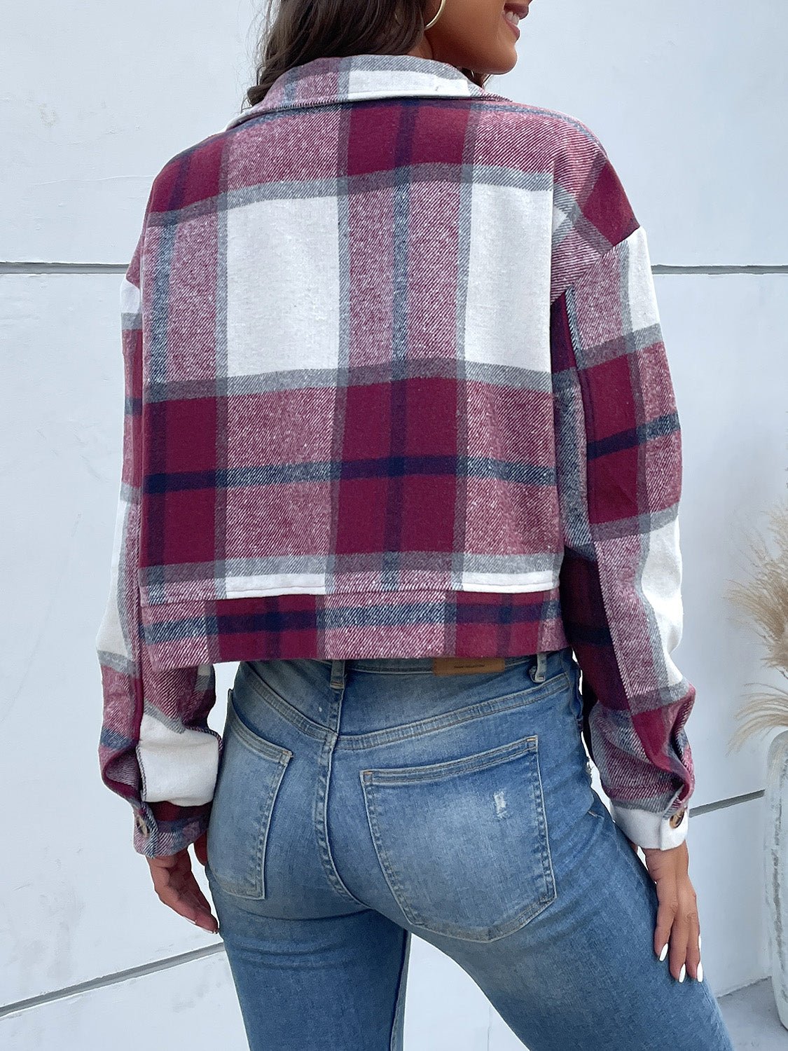 Perfee Plaid Button Up Drop Shoulder Cropped Jacket - Flip Flop Dynasty