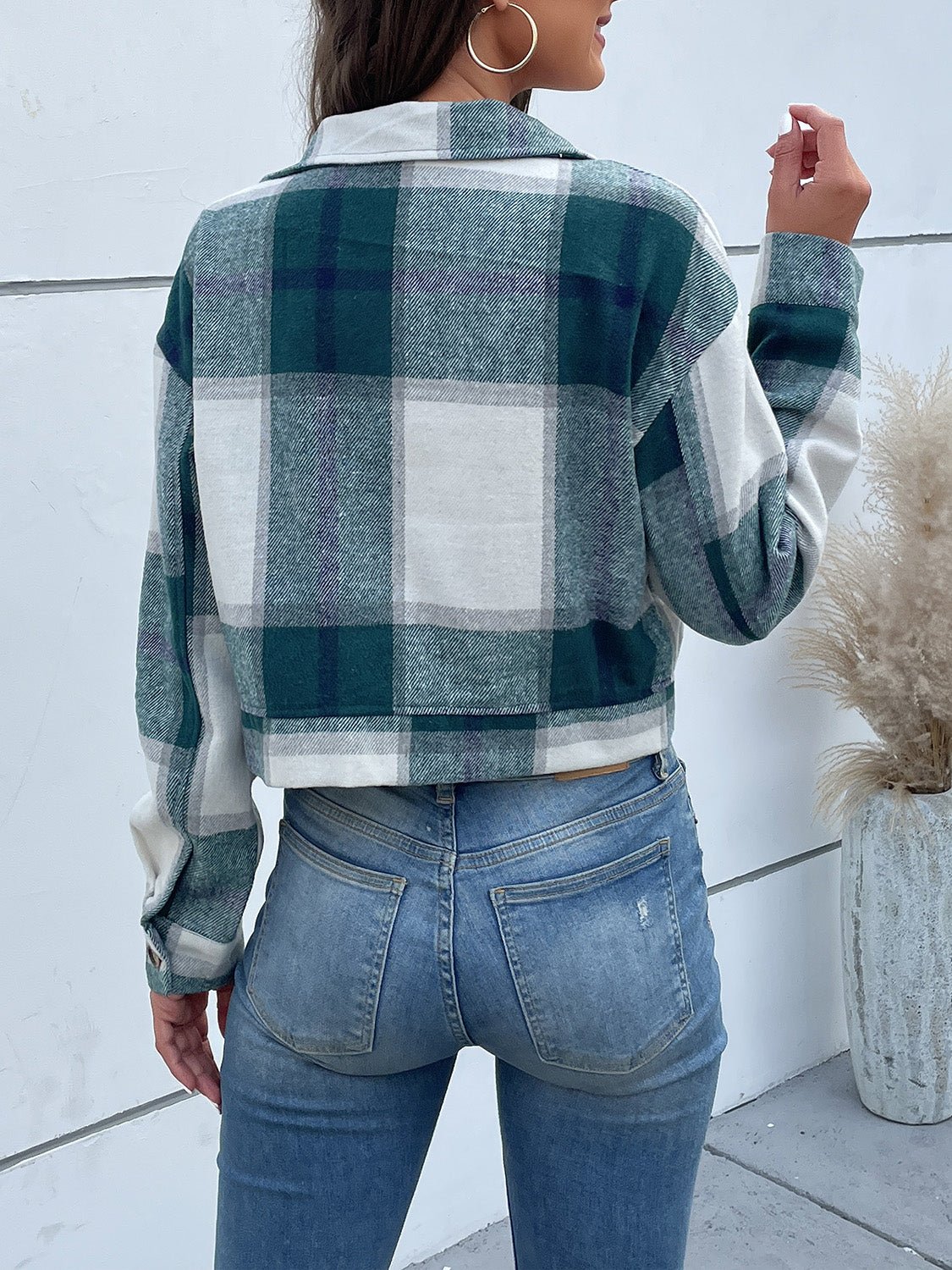 Perfee Plaid Button Up Drop Shoulder Cropped Jacket - Flip Flop Dynasty