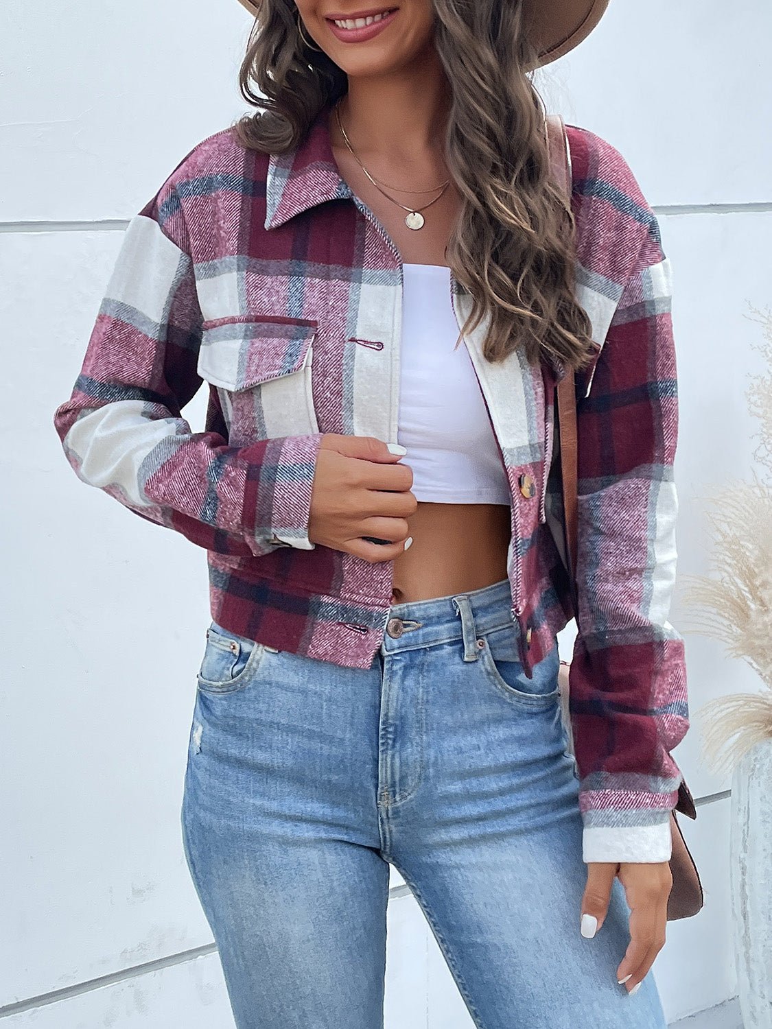 Perfee Plaid Button Up Drop Shoulder Cropped Jacket - Flip Flop Dynasty