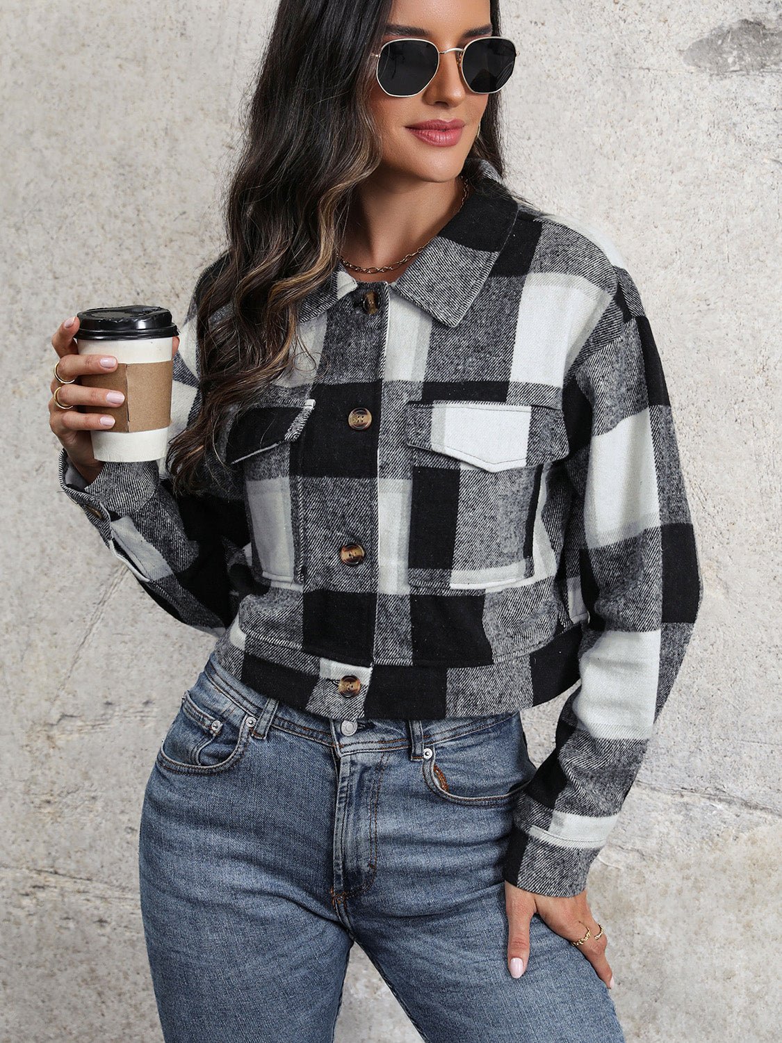 Perfee Plaid Button Up Drop Shoulder Cropped Jacket - Flip Flop Dynasty