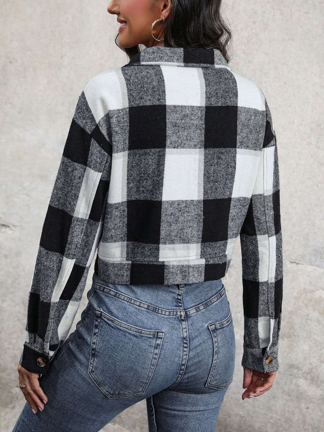 Perfee Plaid Button Up Drop Shoulder Cropped Jacket - Flip Flop Dynasty
