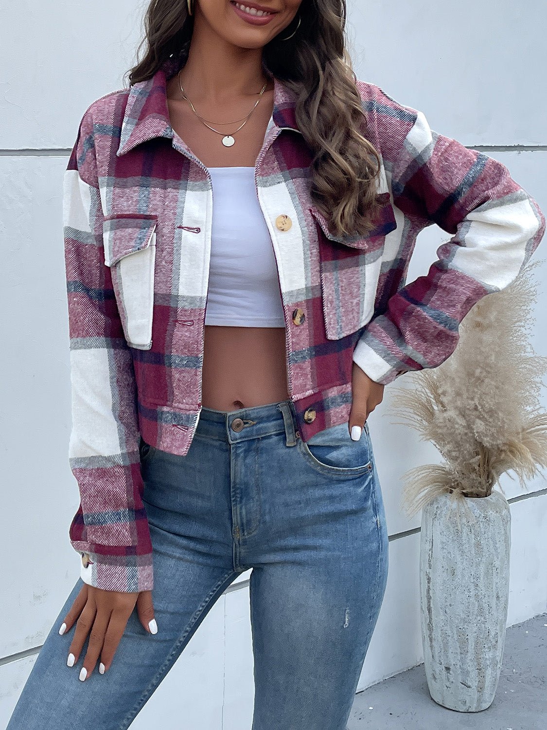 Perfee Plaid Button Up Drop Shoulder Cropped Jacket - Flip Flop Dynasty
