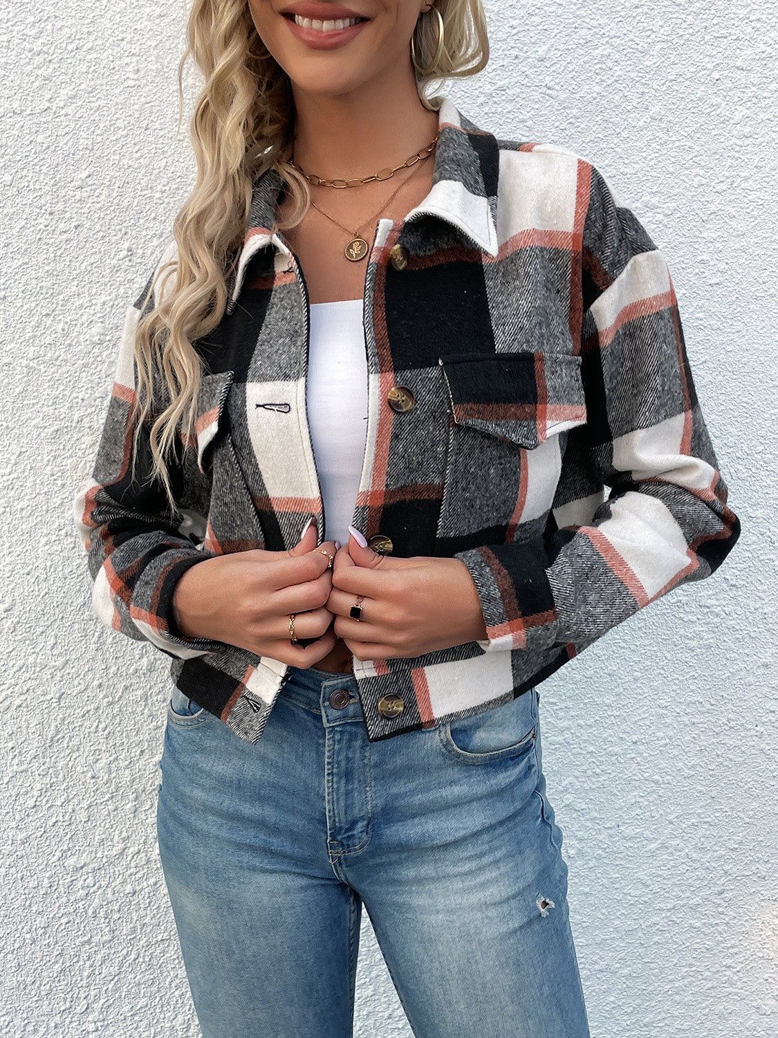 Perfee Plaid Button Up Drop Shoulder Cropped Jacket - Flip Flop Dynasty