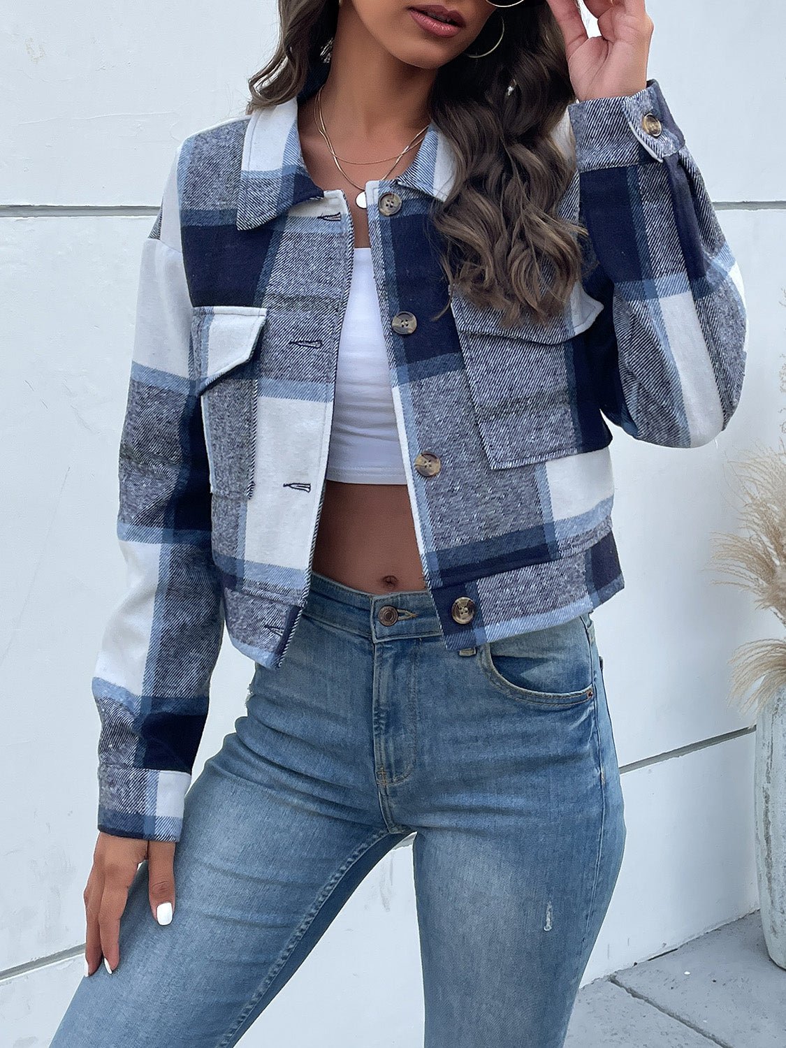 Perfee Plaid Button Up Drop Shoulder Cropped Jacket - Flip Flop Dynasty