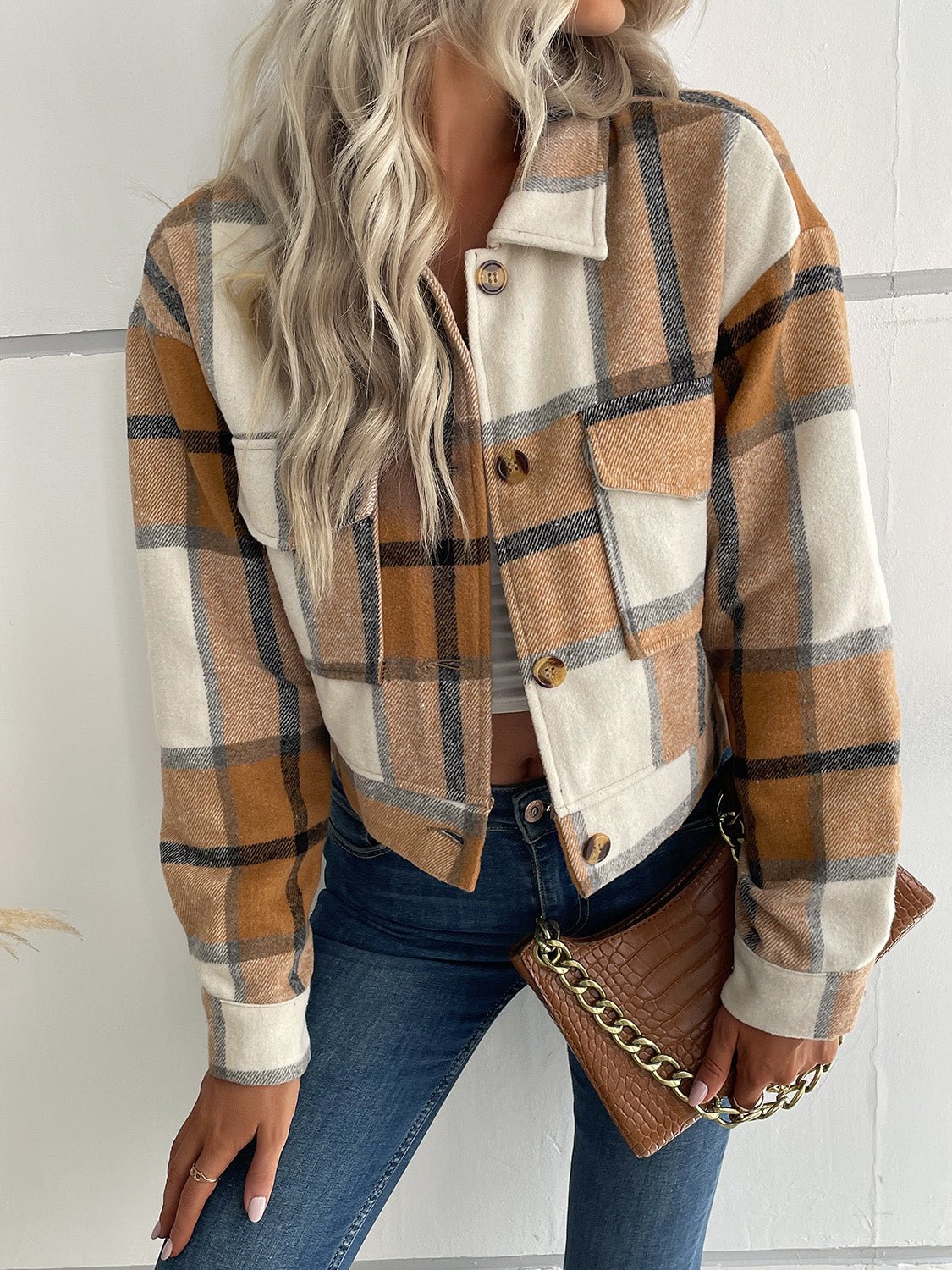 Perfee Plaid Button Up Drop Shoulder Cropped Jacket - Flip Flop Dynasty