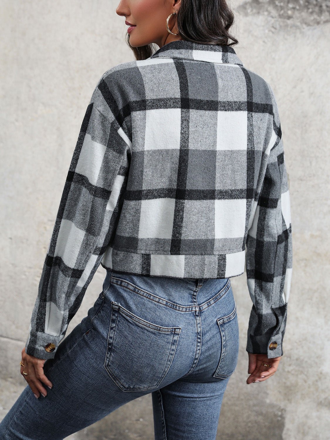 Perfee Plaid Button Up Drop Shoulder Cropped Jacket - Flip Flop Dynasty