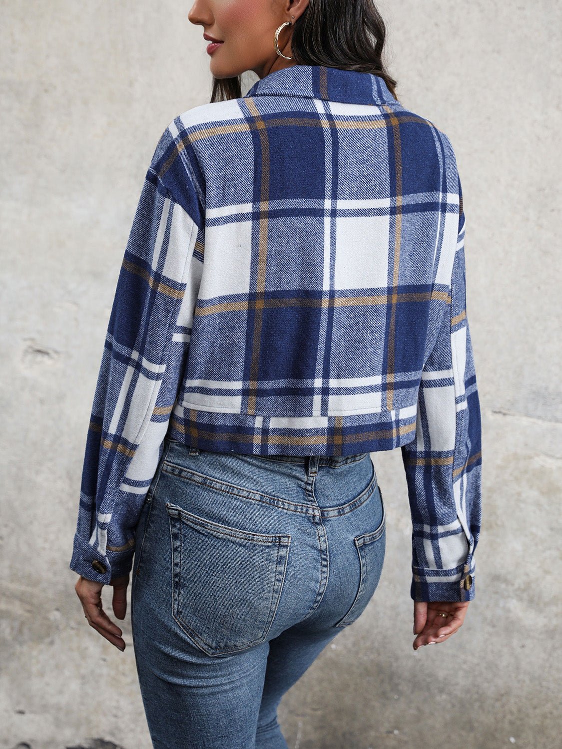 Perfee Plaid Button Up Drop Shoulder Cropped Jacket - Flip Flop Dynasty